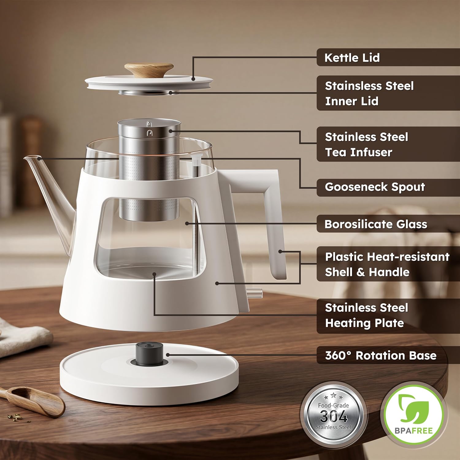 TOPWIT 2.0L Glass Electric Kettle, Hot Water Boiler, BPA-Free
