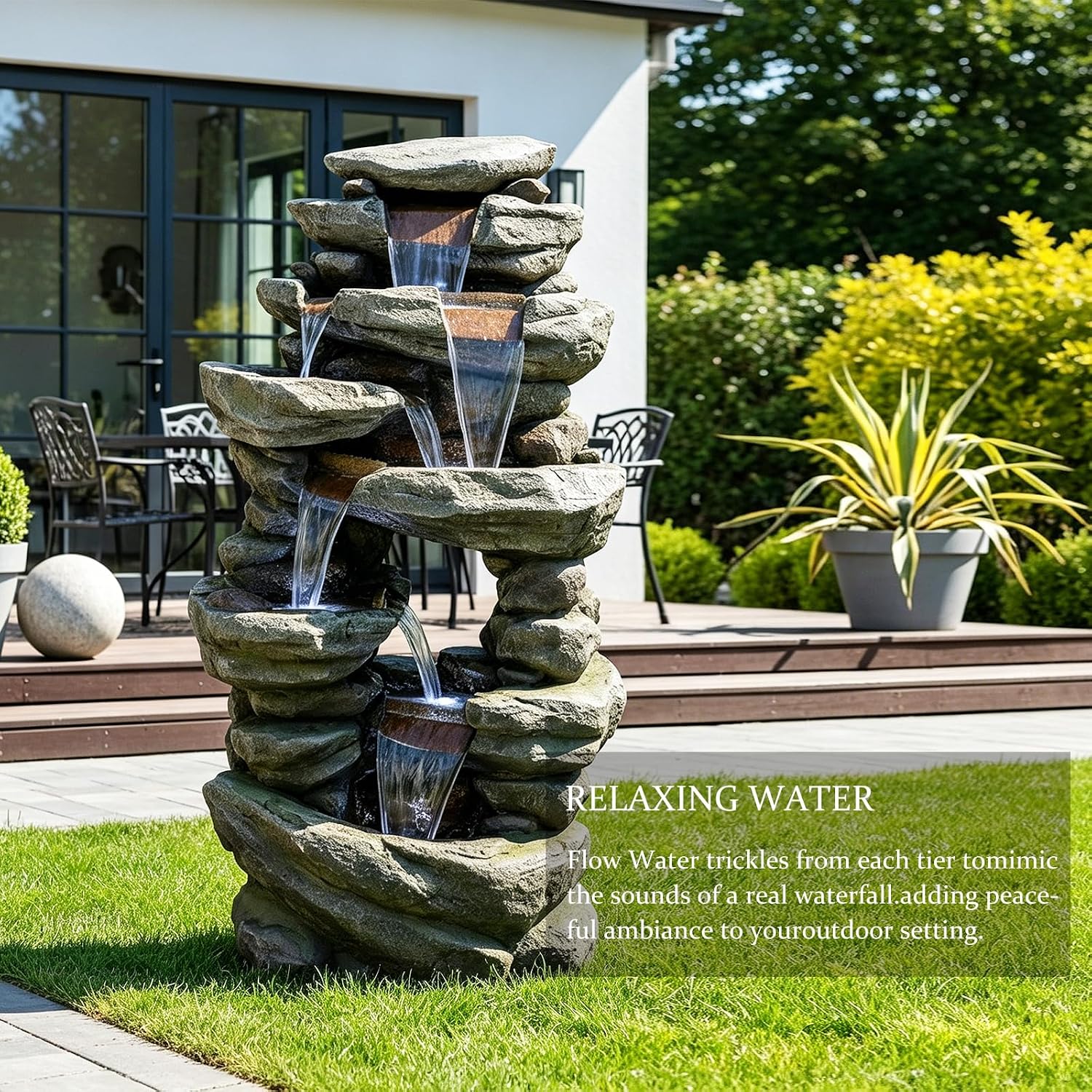 SunJet 40.5” High Rocks Outdoor Water Fountain - 6-Tiers Cascading Waterfall with LED Lights, Soothing Tranquility for Home Garden, Yard Decor