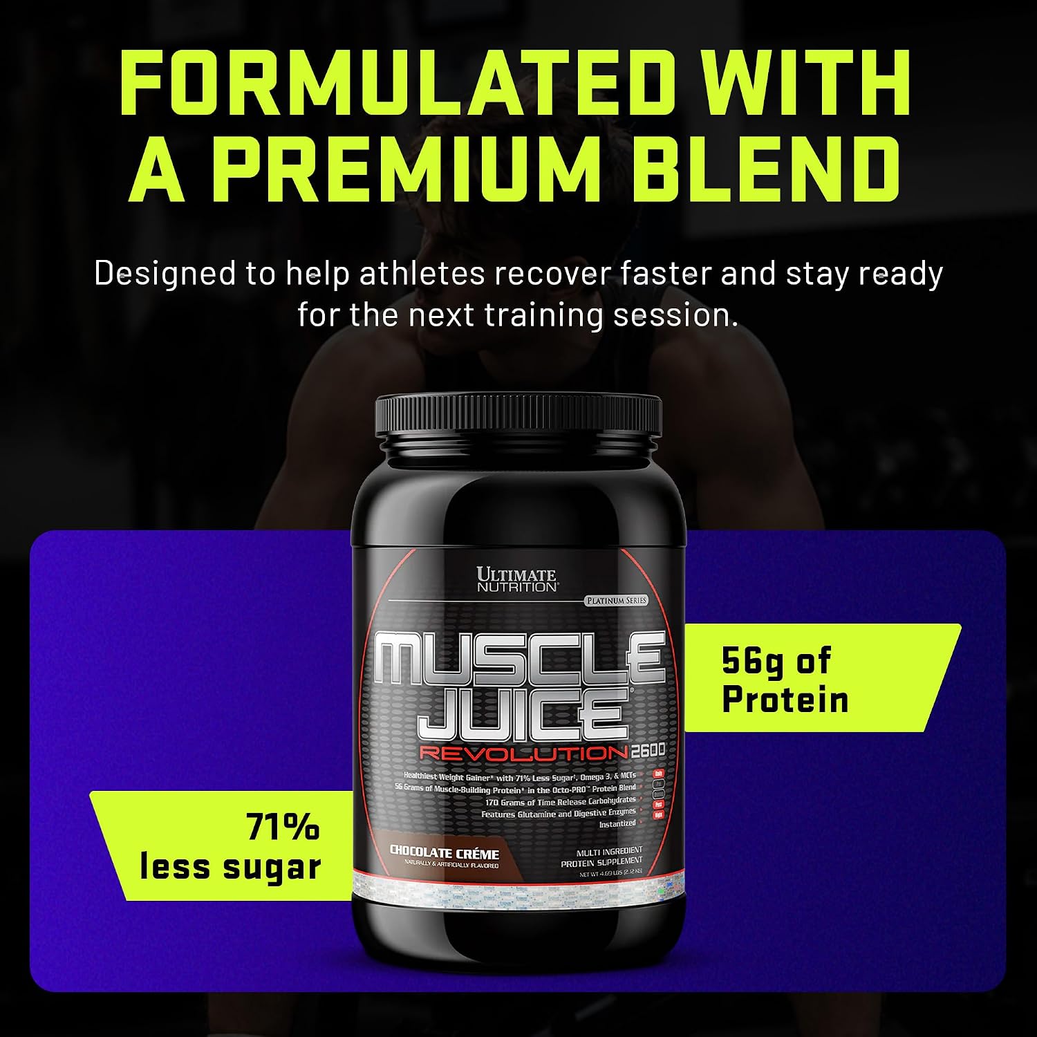 Ultimate Nutrition Muscle Juice Revolution 2600 Weight Gainer, Muscle Recovery with Glutamine, Micellar Casein and Time Release Complex Carbohydrates, Banana Protein Powder, 4.69 Pounds | 70g Octo-PRO™ Protein Blend, 175g Time-Release Carbs, 1000mg Gluta…