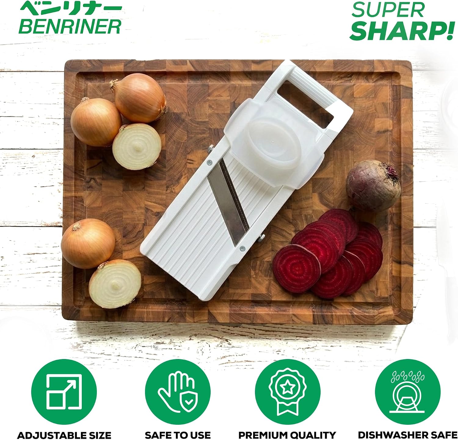 Benriner Mandoline Slicer with 4 Blades, Japanese Stainless Steel, BPA Free, 12.75 x 3.625-Inches, Beige