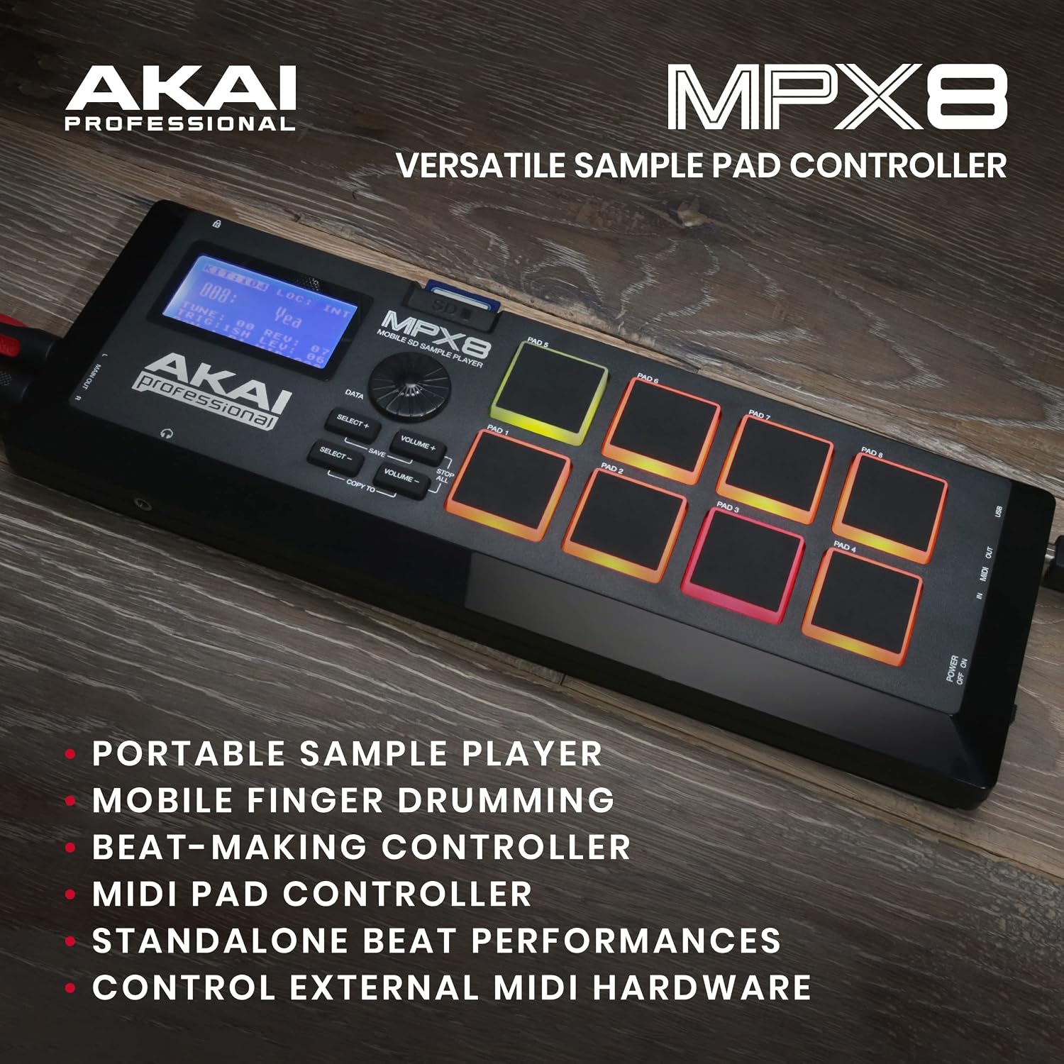 Akai Professional MPX8 USB MIDI Sample Pad Controller | 8 Velocity-Sensitive Pads, MIDI Connectivity, SD Card Slot, for Sampling and Beat Making