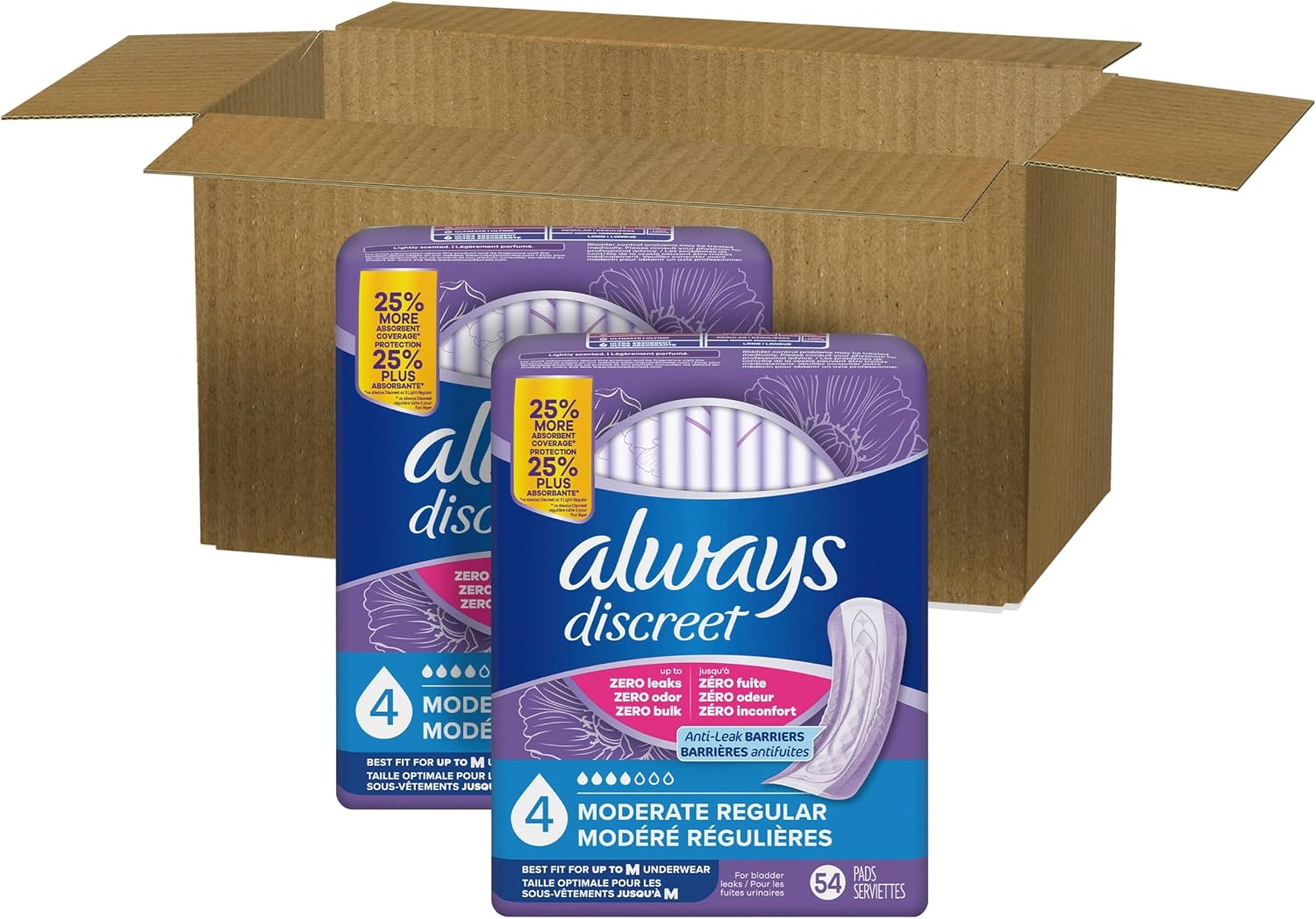 Always Discreet Adult Incontinence Pads for Women, Drier, 4 Drop Long Length, Moderate Absorbency, Pads for Bladder Control Management, Bladder Leaks, & Postpartum Pads, 54ct