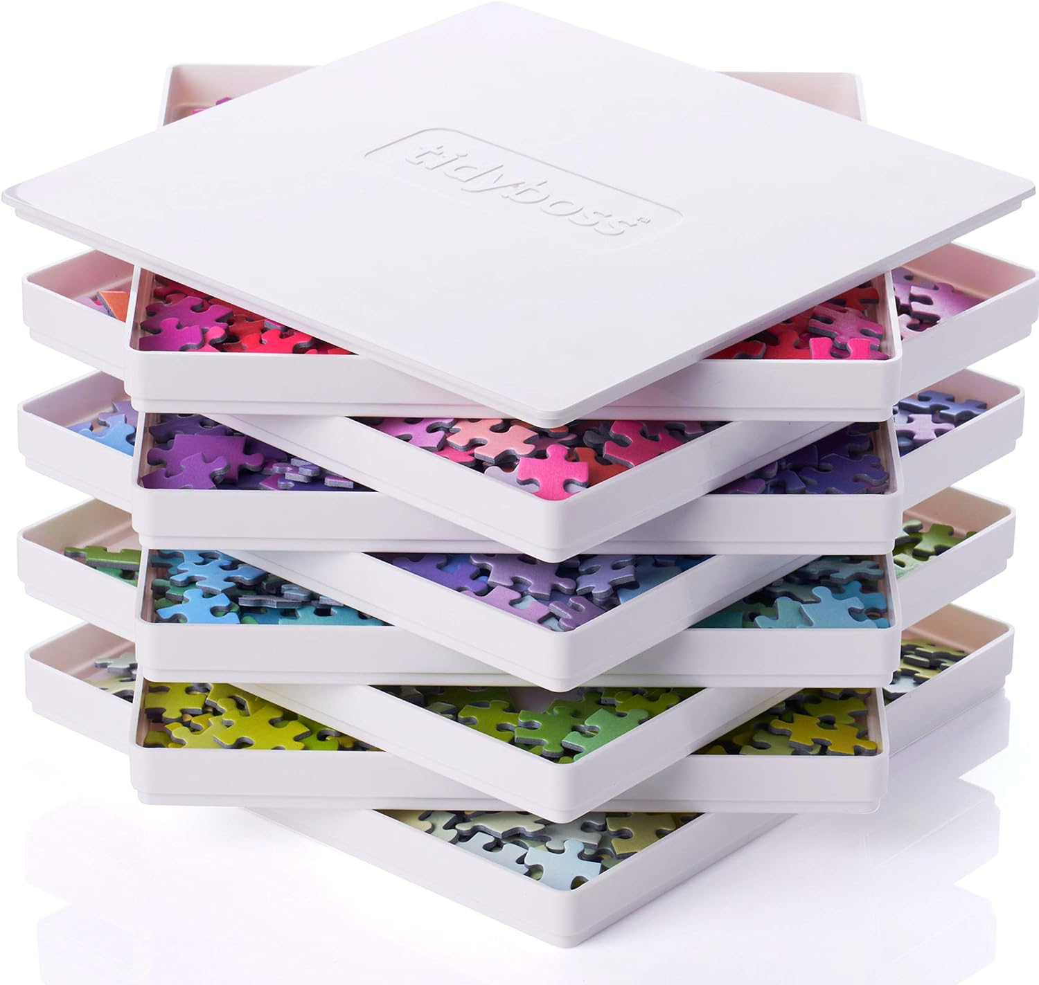 Tidyboss 8 Puzzle Sorting Trays with Lid 8" x 8" - Portable Jigsaw Puzzle Accessories White Background Makes Pieces Stand Out to Better Sort Patterns