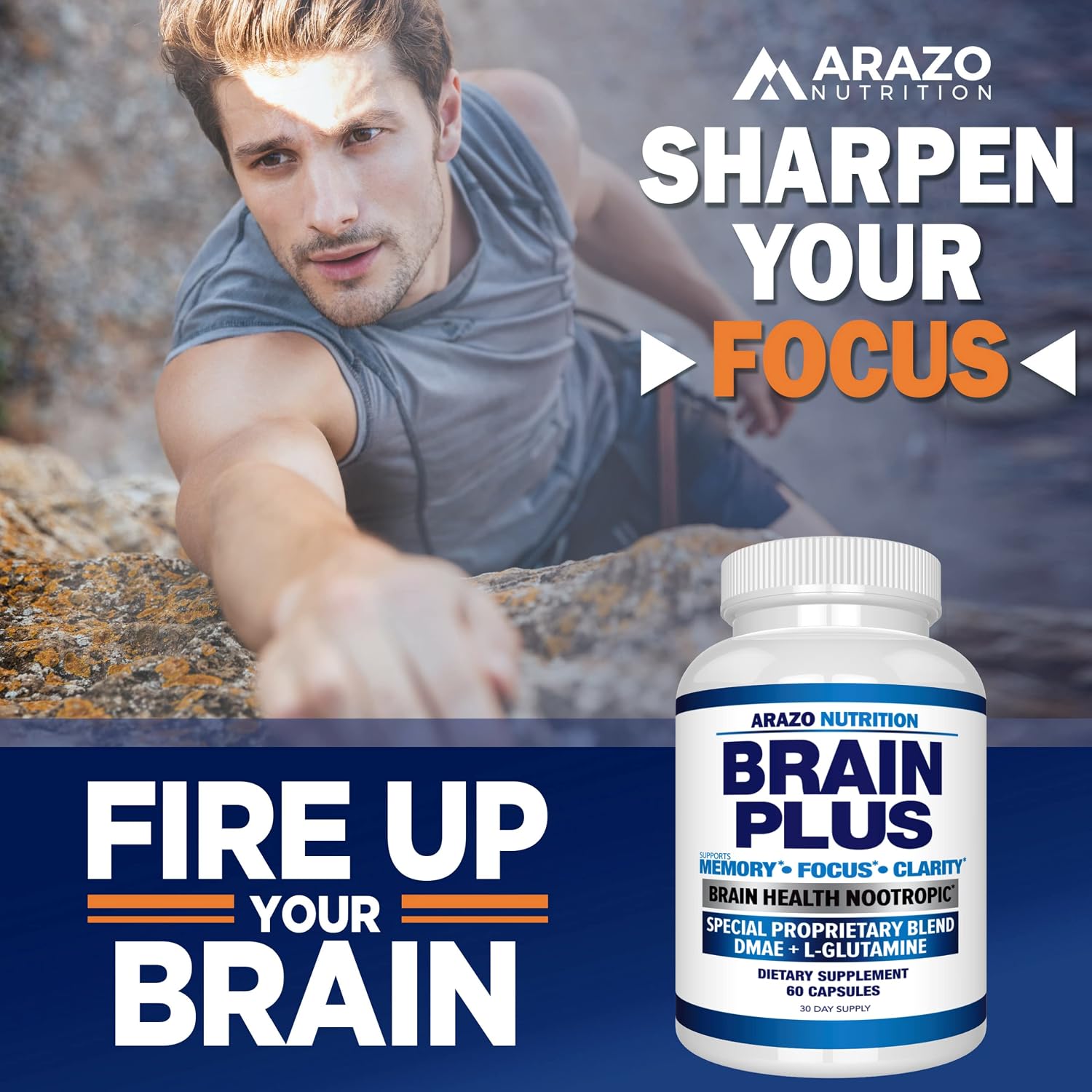 Arazo Nutrition Premium Brain Function Supplement – Memory, Focus, Clarity – Nootropic Booster with DMAE, Bacopa Monnieri, L-Glutamine