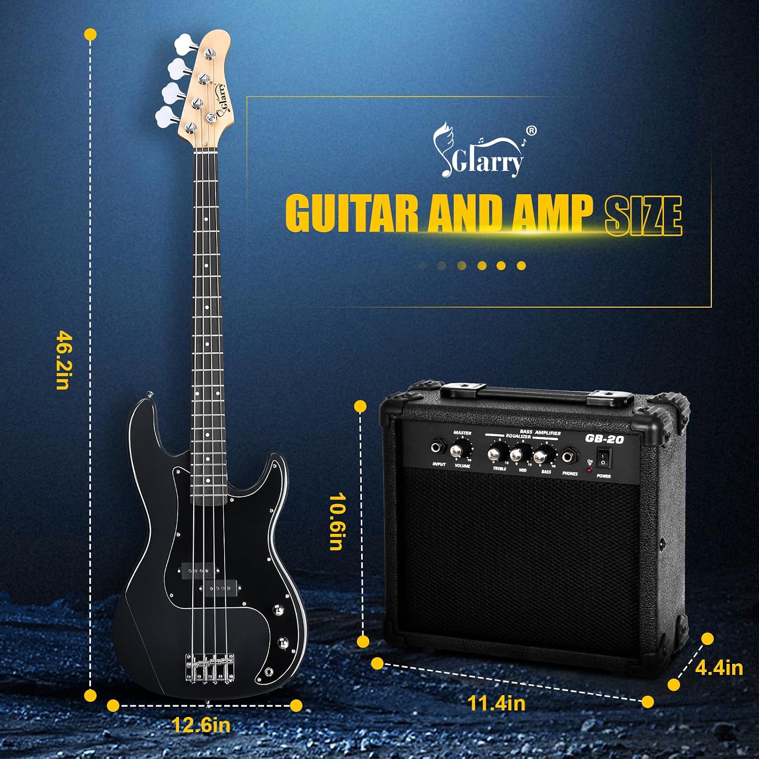 GLARRY Full Size Electric Bass Guitar Beginner Kit 4 String Exquisite Basswood Bass with 20W AMP, Cable, Strap, Bag and Accessories (Transparent Blue, 39"Right Handed)