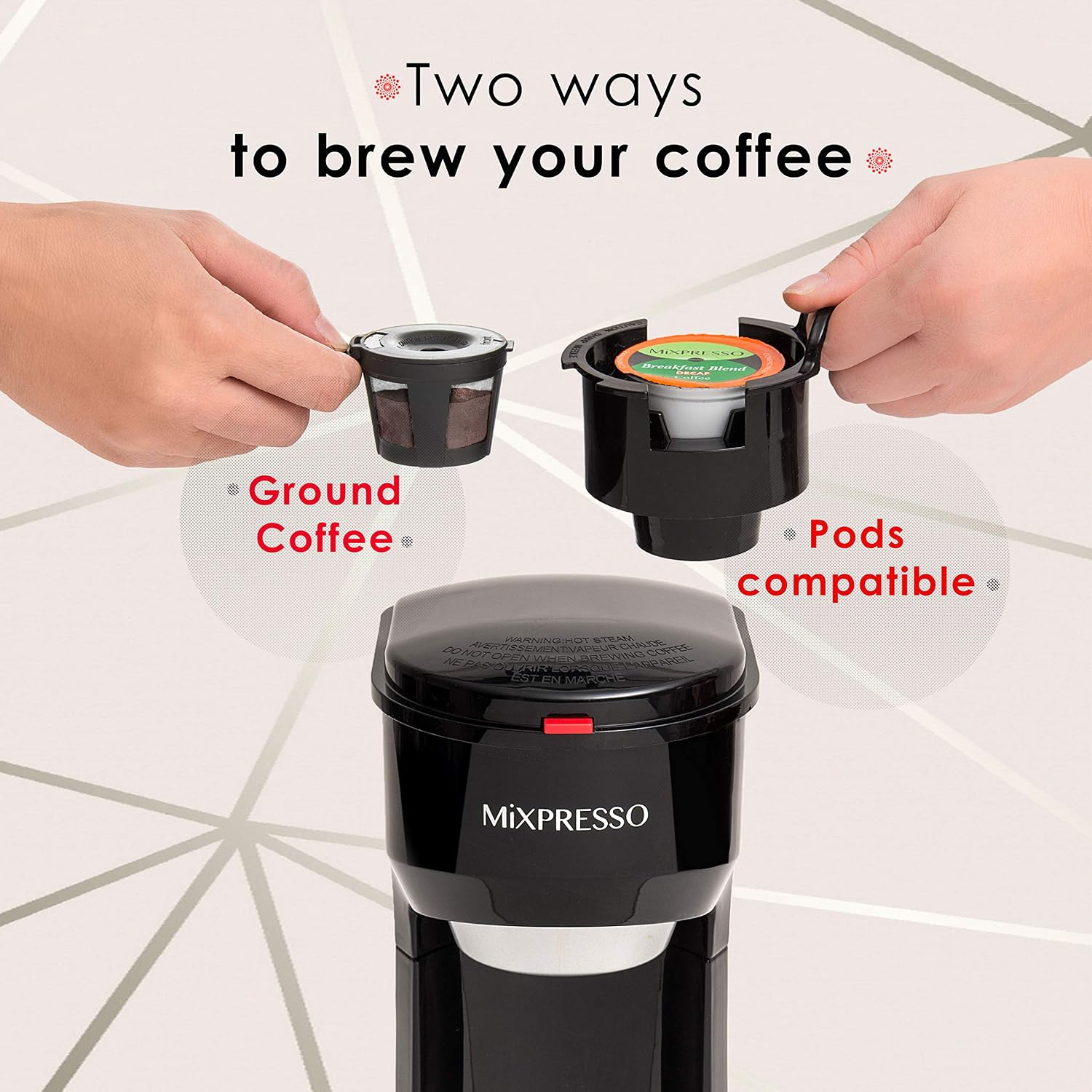 Mixpresso Single Serve Coffee Maker K Cup Coffee Maker for K Pods & Grounds | Compact 800W White Coffee Machine with 14 Oz Water Tank, Fast Brew & Auto Shut-Off, Small Design for Travel RV, Office& Dorm
