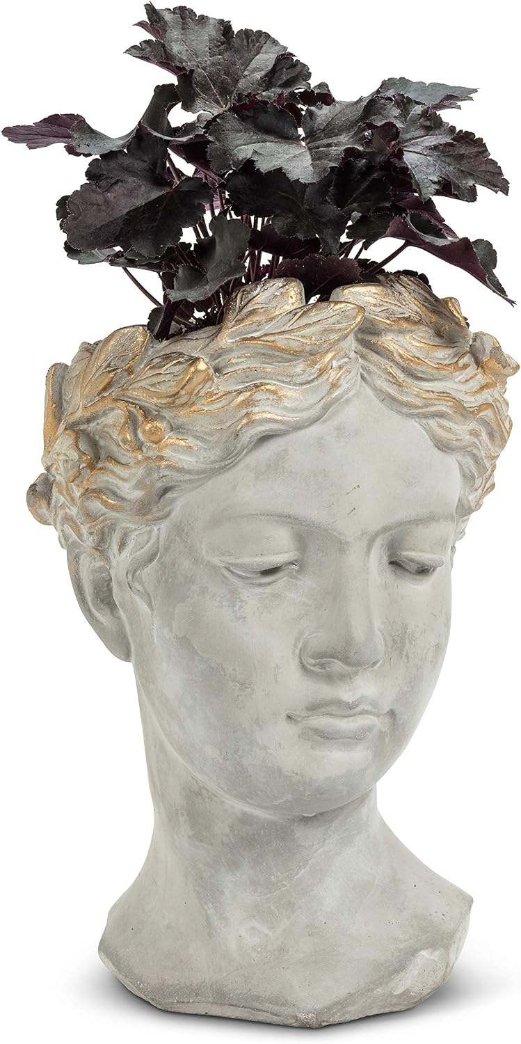 Abbott Collection Large Woman Head Planter | Hand-Finished Greco-Roman Style, Indoor & Outdoor, For Flowers & Succulents, Cement, Gray, 10"H