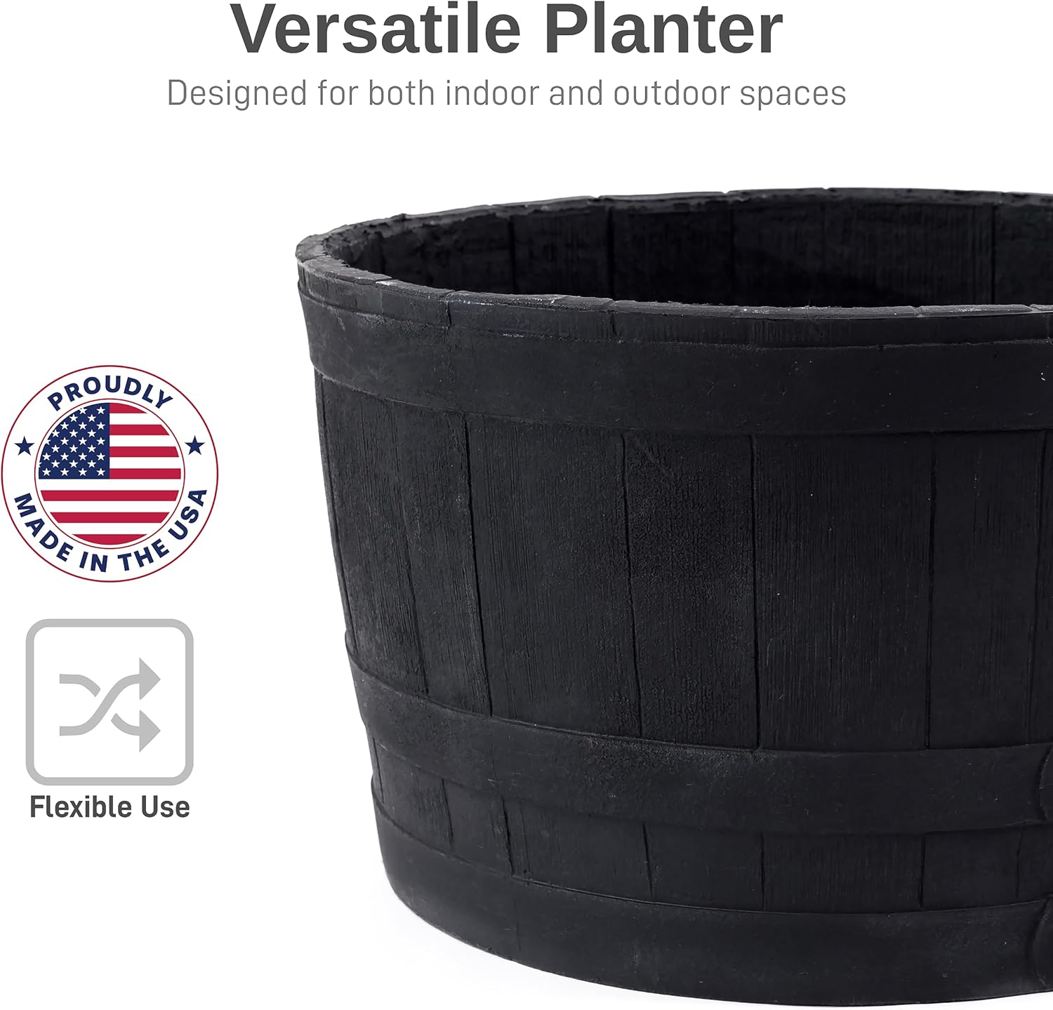RTS Companies Home Accents 24" Whiskey Barrel Planter, Durable Polyethylene Indoor/Outdoor Flower Pot, Weather-Resistant Plastic Garden Planter, Black, 1-Pack