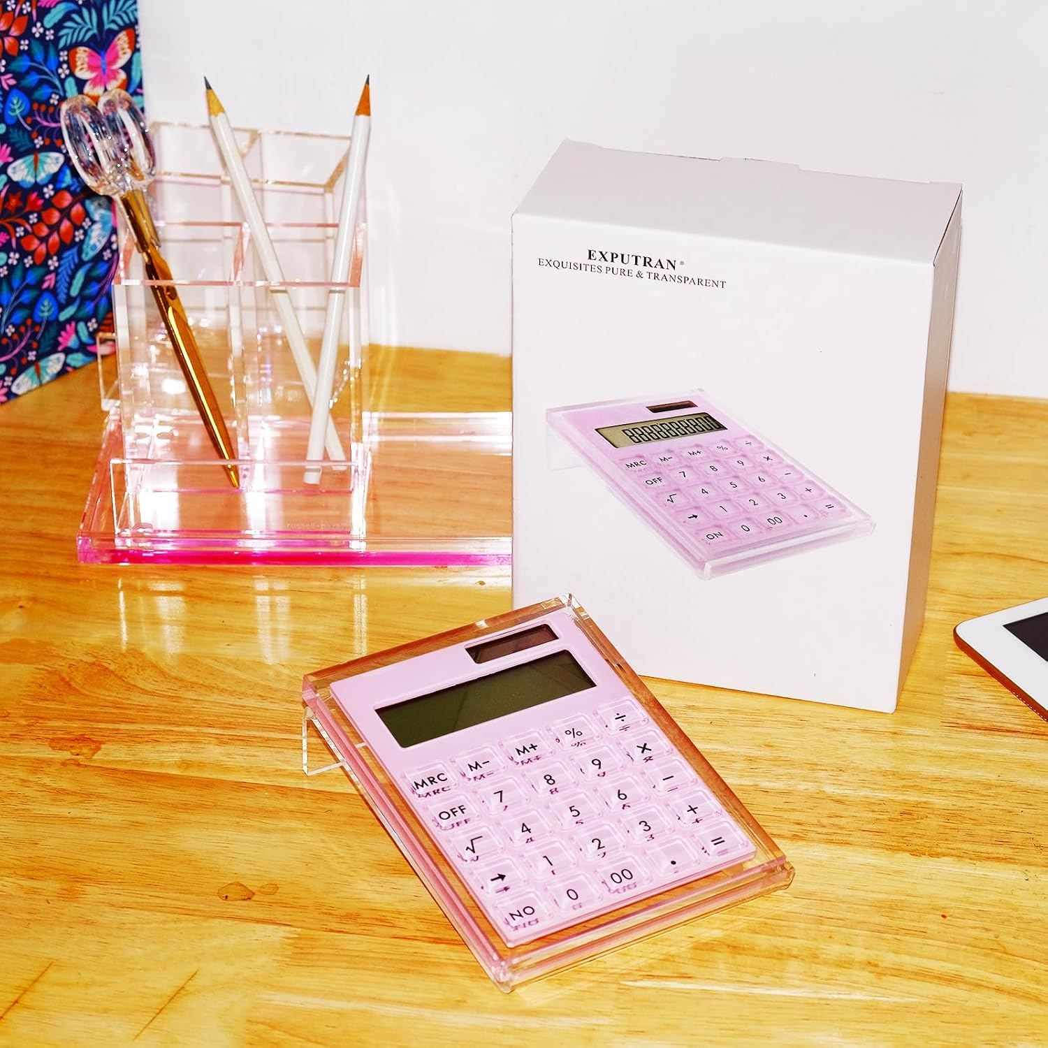 Acrylic Calculator with Stand, Battery and Solar Hybrid Powered Basic Calculator 12-Digit LCD Display,Home Office Desktop Accessories(Silver)