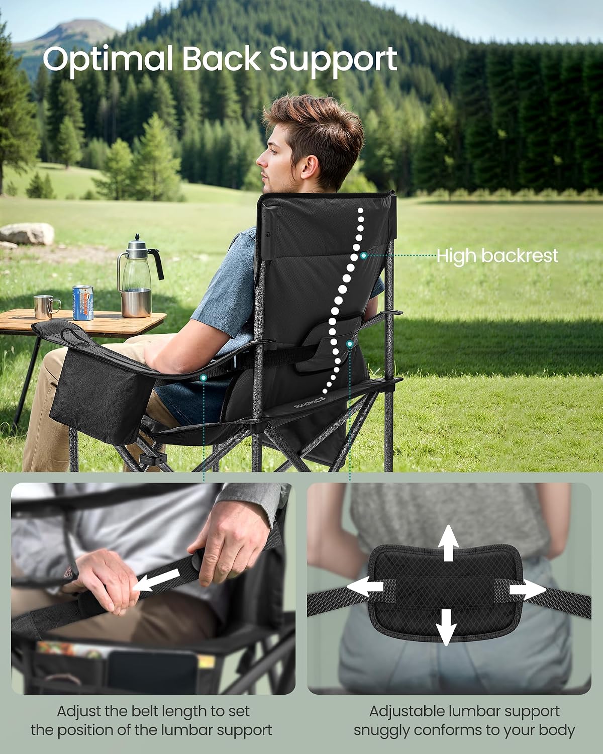 SONGMICS Folding Camping Chair, 450 lb Capacity | Folding lawn chair with cup holder and heavy-duty design, Ink Black, UGCB066B01