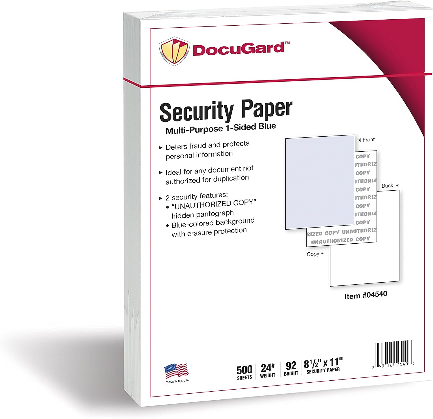 DocuGard Advanced Blue Multi-Purpose Security Paper - Fraud Prevention - 7 Security Features - Laser & Inkjet Printer Compatible - 8.5" x 11“ - 24 lb - 500 Sheets (04546)