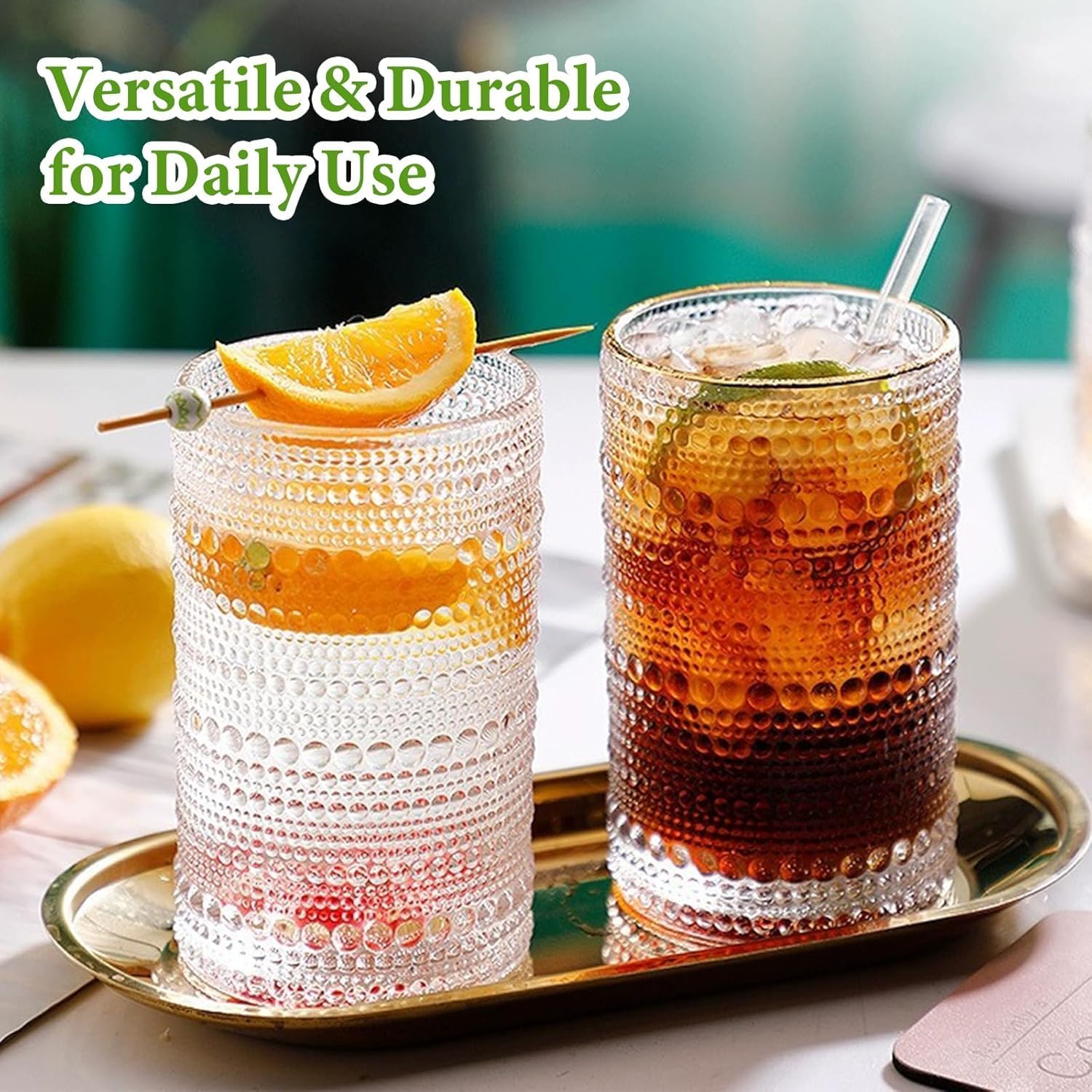 Hlukana Vintage Hobnail Drinking Glasses Set of 8, 12 oz Highball Glasses & 10 oz Cocktail Glasses Set, Kitchen Water Glasses Cup