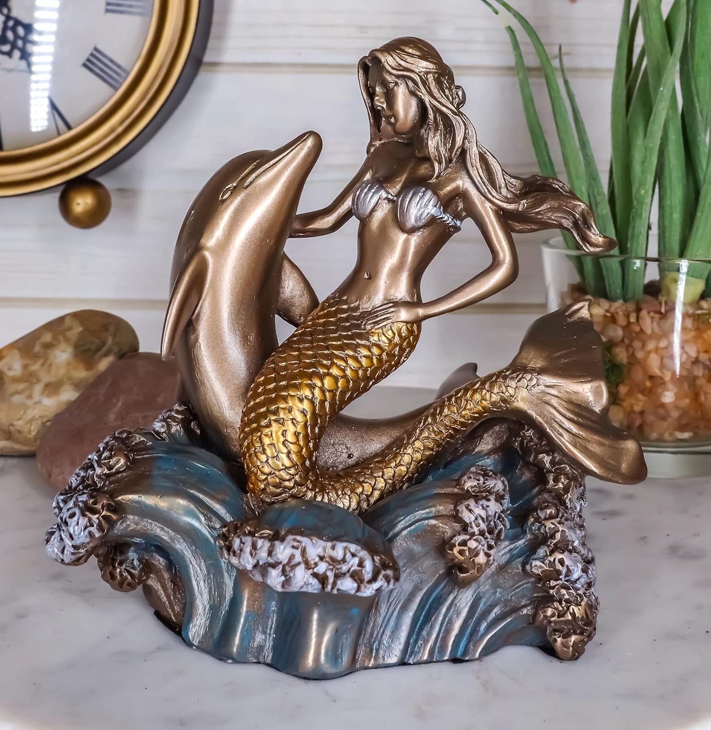 Ebros Atlantis Mermaid Embracing Dolphin by Ocean Waves Statue 4.5" L Art Nouveau Nautical Mermaid Decorative Figurine