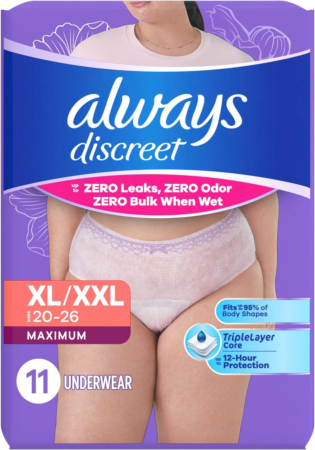 Always Discreet Adult Diapers for Women, Incontinence Underwear, Postpartum Essentials, Disposable Briefs, Max Absorbency, Bladder Leak Protection, Small/Medium, 32ct