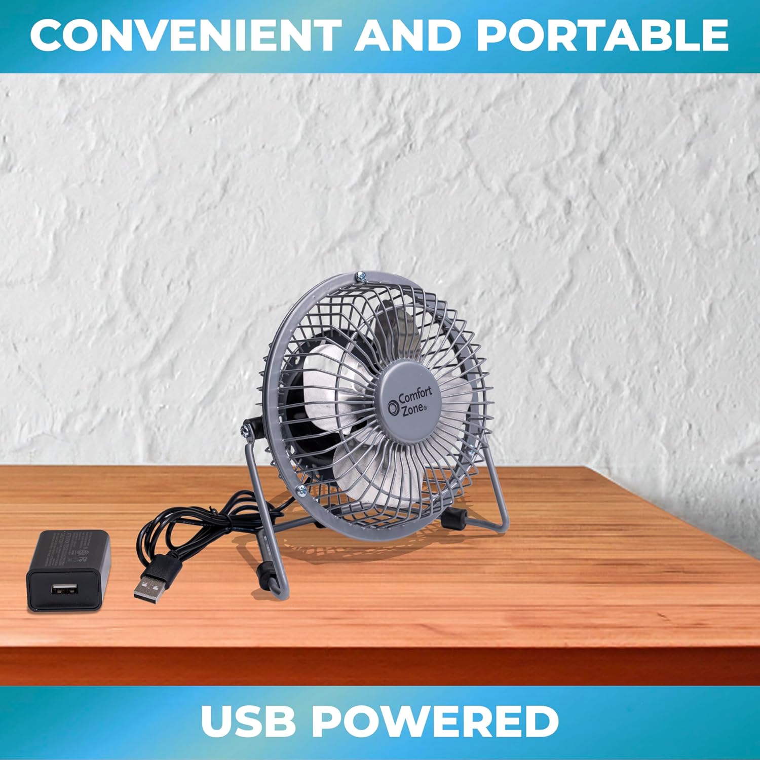 Comfort Zone 4-inch All-Metal Mini Desk Fan – High Velocity Portable USB Fan with 120V Wall Adapter