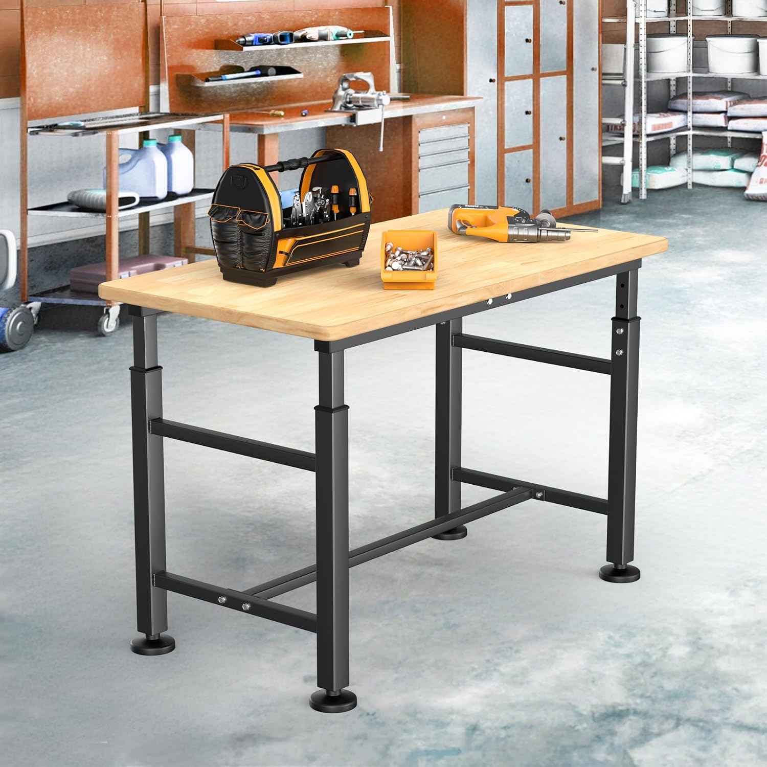 TORACK Adjustable Workbench with Rubberwood Top, Rolling 32x18 in Worktable | Height adjustable 28"–38", heavy-duty garage workbench with Wheels, up to 1000 lbs