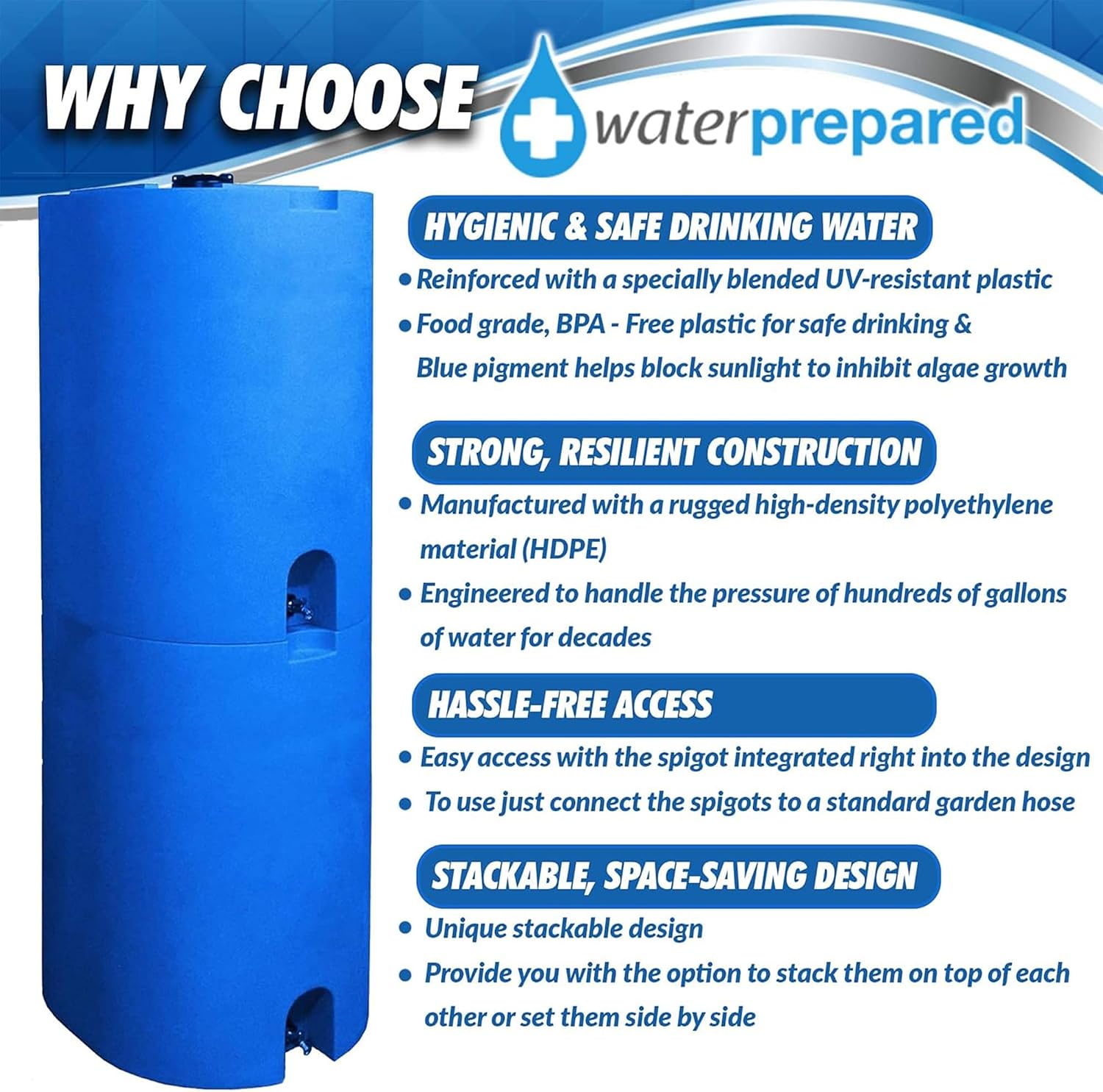 WaterPrepared 55 Gallon Unique Stackable Utility Water Tank, Blue | Emergency Water Storage Tank with Large Cap and Spigot for Easy Filling