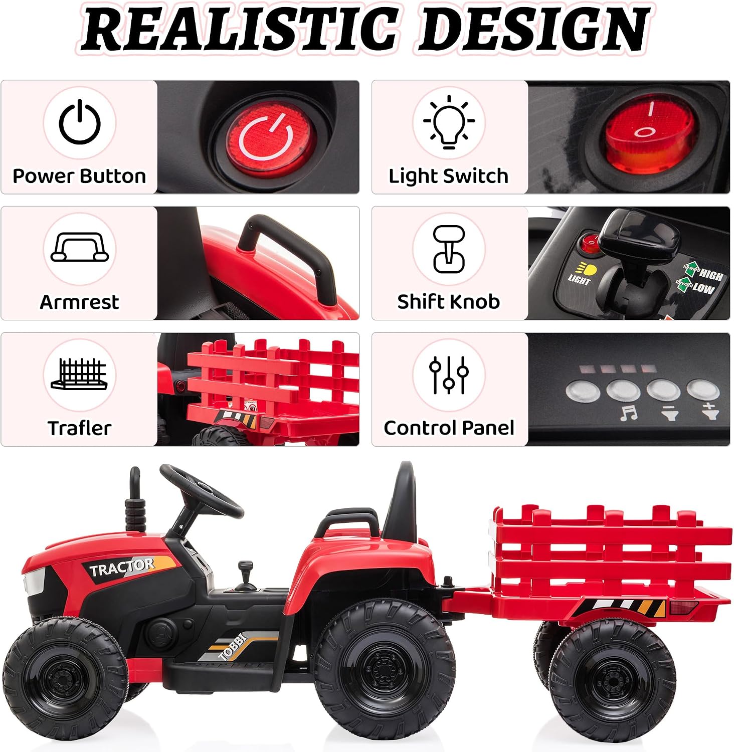 TOBBI Kids Electric Ride On Toy Tractor, Toddlers 12V Battery-Powered Car to Drive