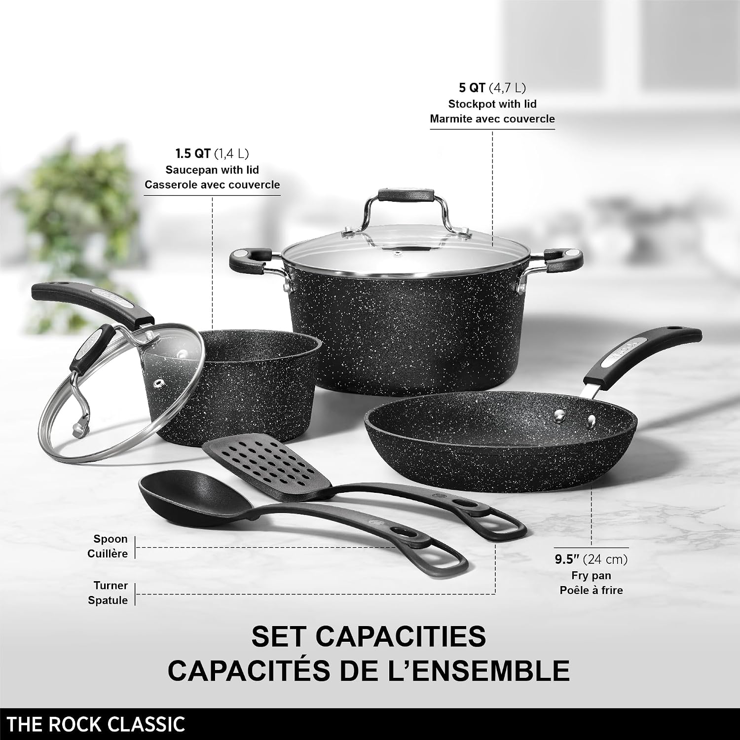 Starfrit The Rock 8PC Non-Stick Cookware Set, Black | Durable Forged Aluminum, Oven Safe, PFOA Free, Easy to Clean