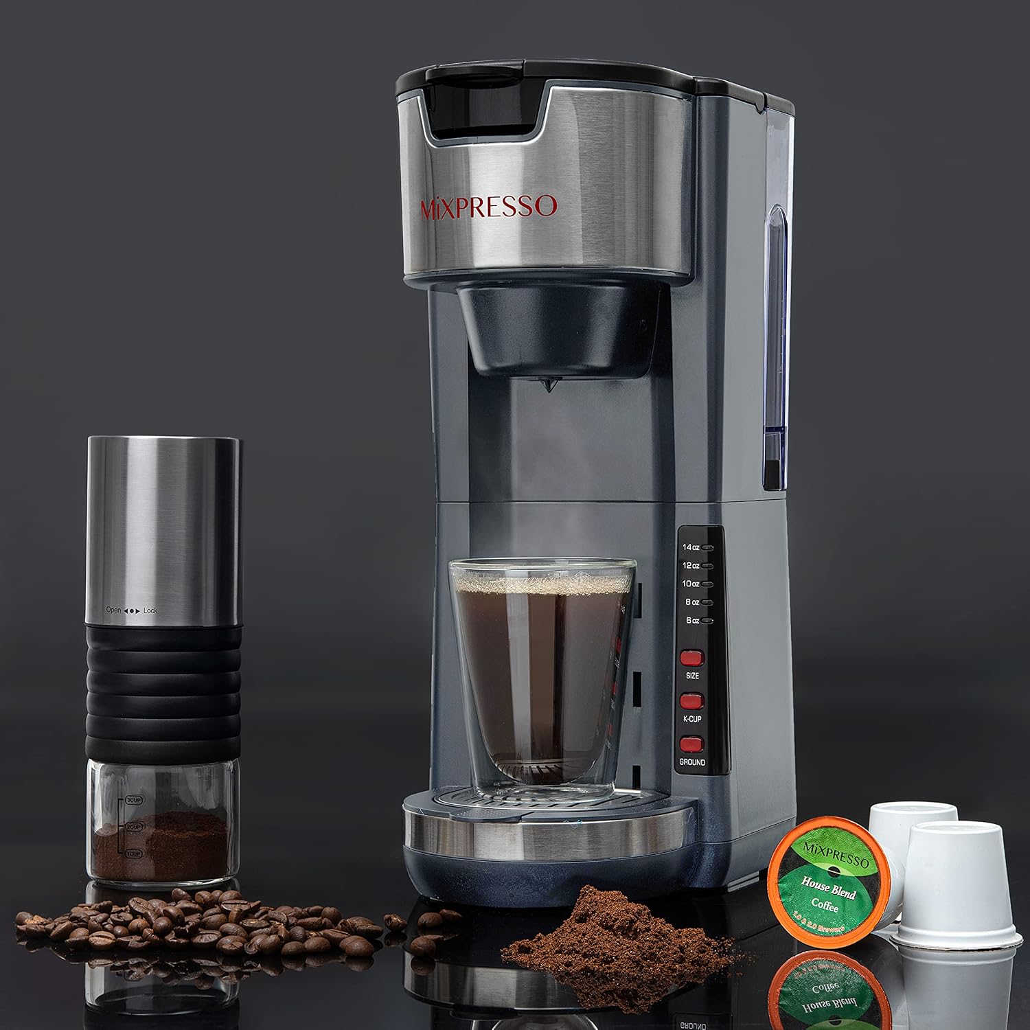 Mixpresso Black Single Serve Coffee Brewer K-Cup Pods Compatible & Ground, 30 oz Compact Coffee Maker Single Serve With 5 Brew Sizes Up To 14 Oz