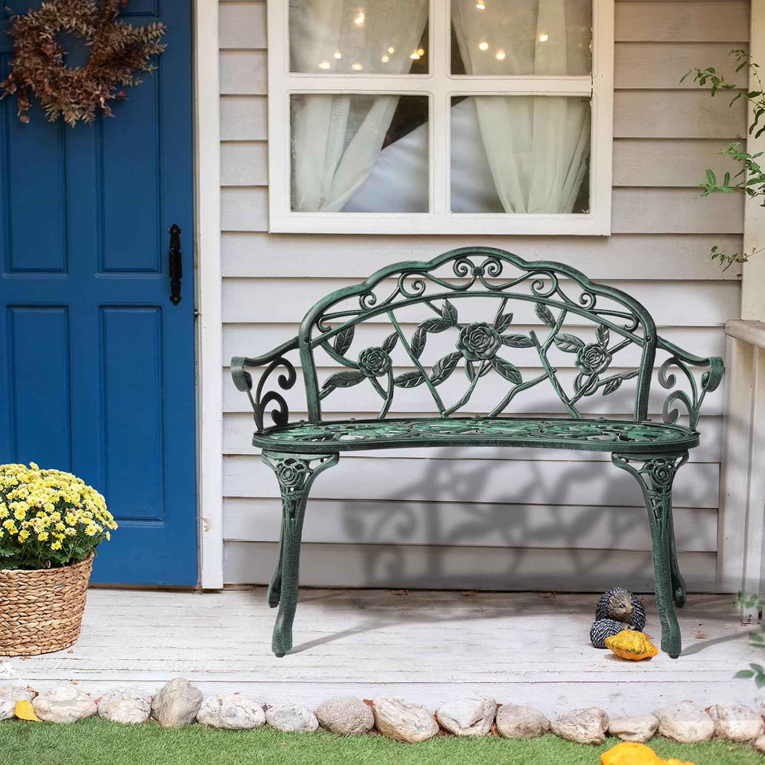 VINGLI 38.5" Patio Park Garden Outdoor Metal Rose Bench, 2-Person Cast Iron Cast Aluminium Frame Antique Finish Chair,Accented Lawn Front Porch Path Yard Decor Deck Furniture (Bronze, Rose)