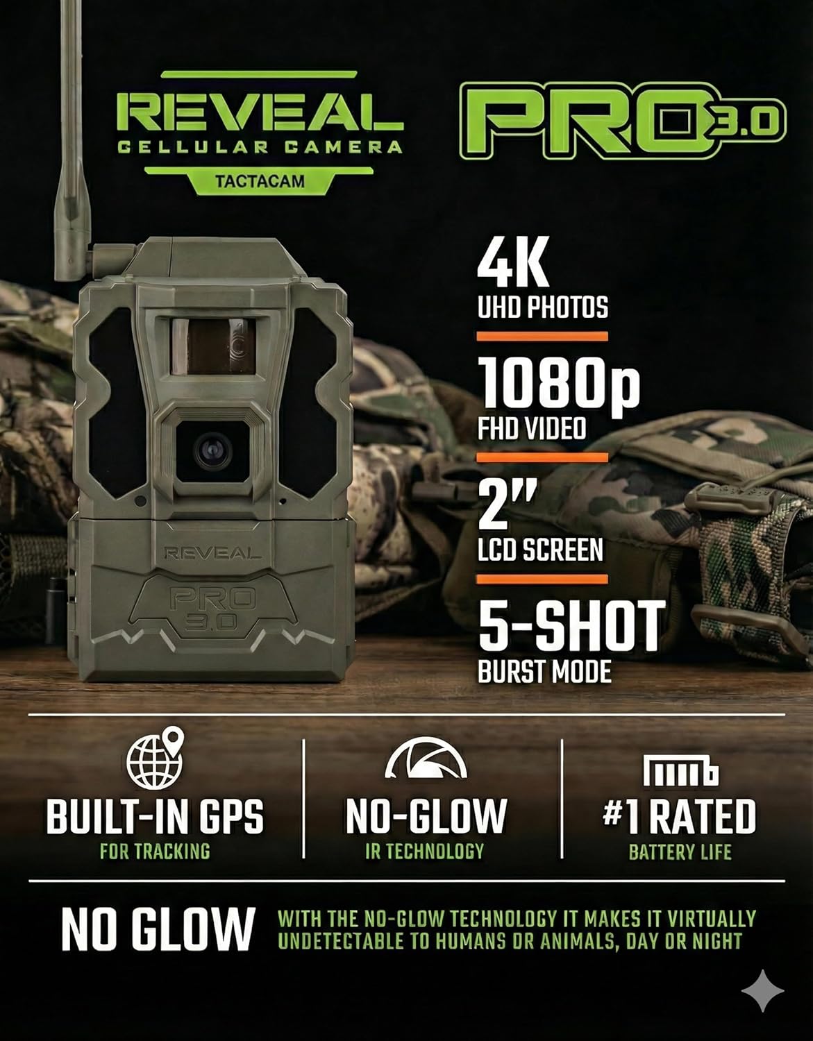 TACTACAM Reveal Pro 3.0 Cellular Trail Camera - Multi-Cellular Network, No-Glow IR, Wi-Fi Enabled, HD Photos & 1080p Videos