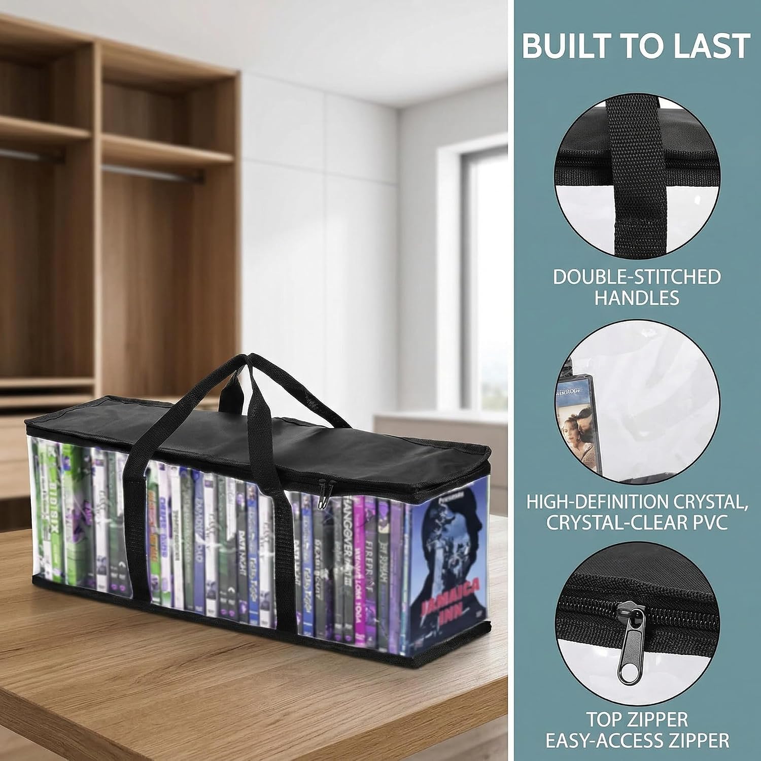 Fasmov Set of 4 DVD Storage Bags Hold up to 160 DVDs (40 Each Bag), Water Resistant DVD Holder Case with Handles