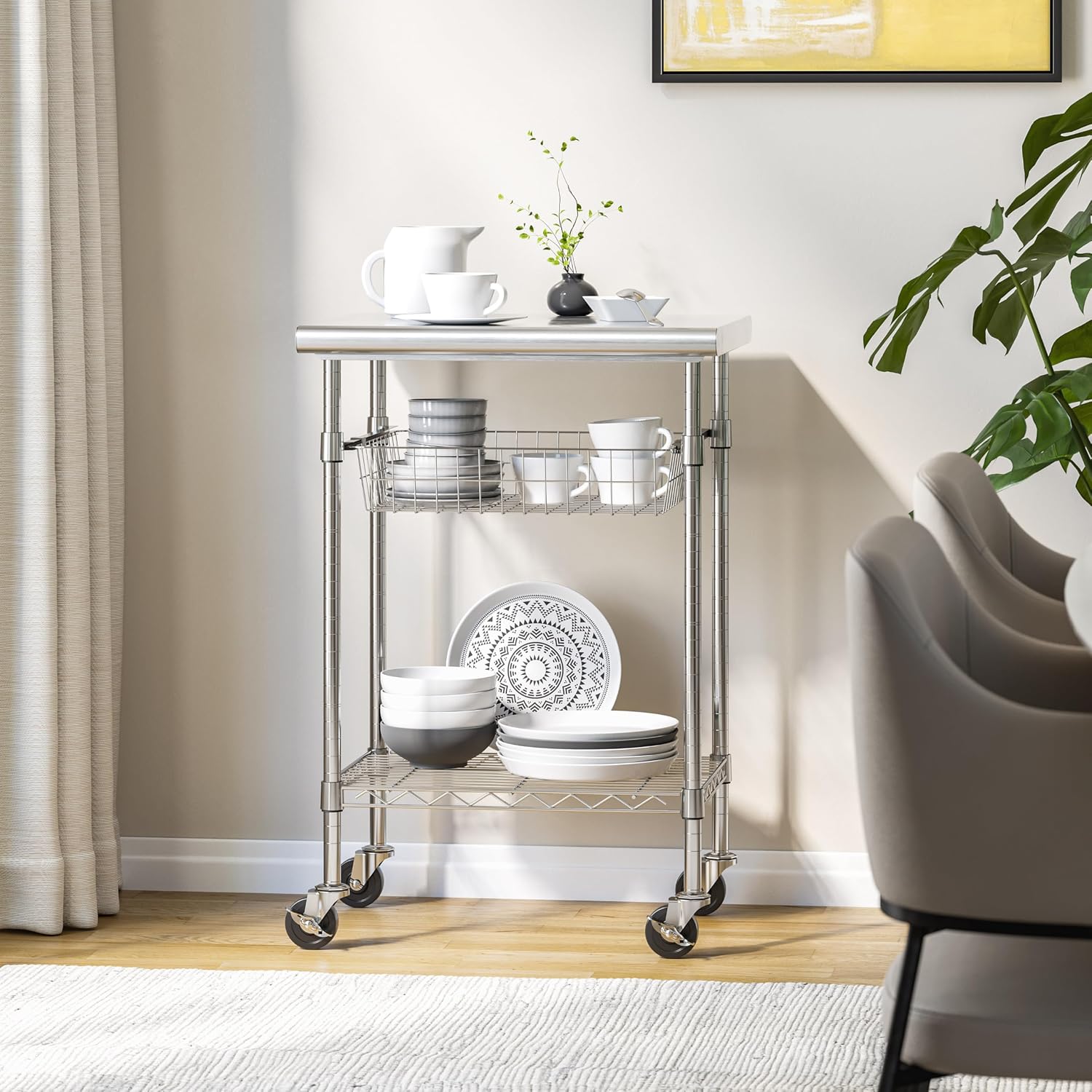 Stainless-Steel Commercial-Grade NSF-Certified Prep Table Cart, 24"W x 20"D | Heavy-duty durable utility workstation supports up to 450 lb w/ adjustable wire shelf and sliding basket on locking wheels