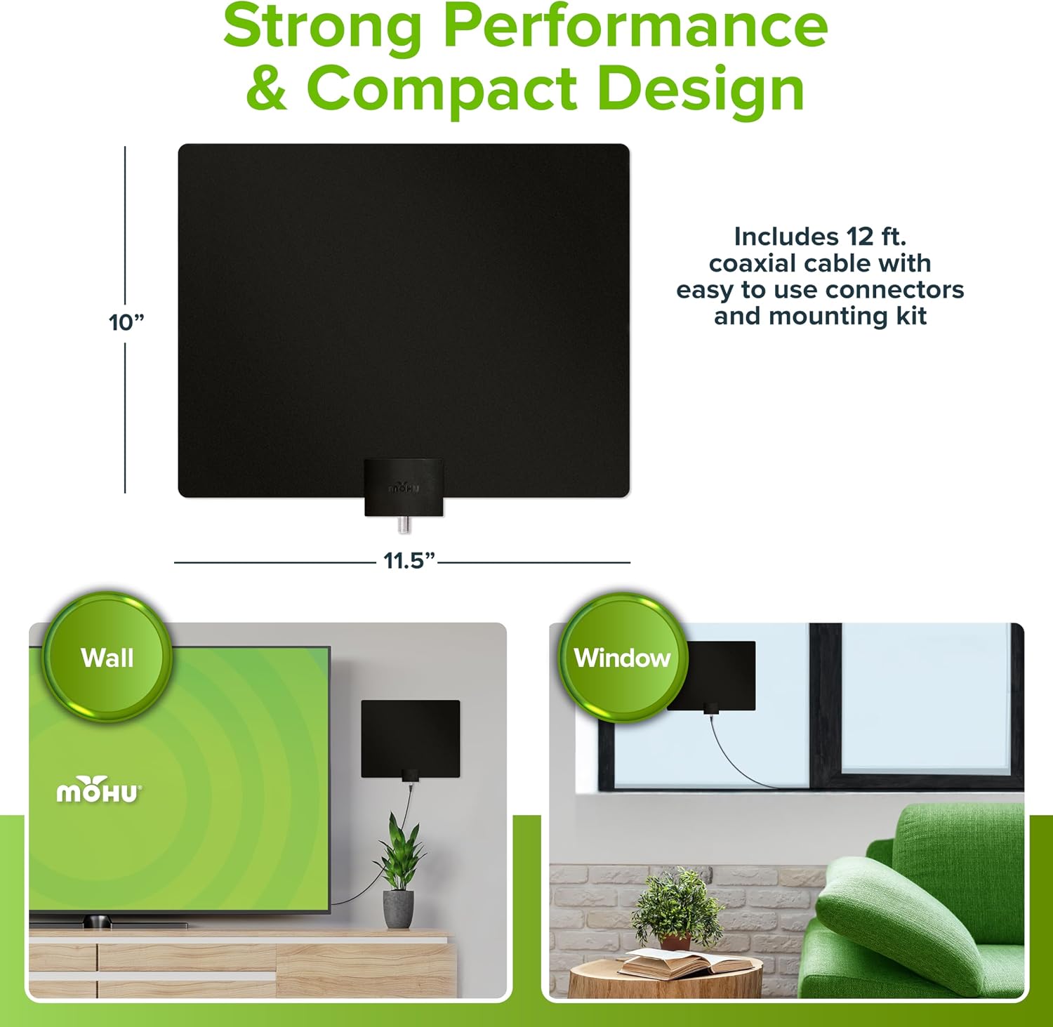 Mohu Leaf Plus Paper-Thin Indoor TV Antenna, Amplified, UHF VHF, 60-Mile Range, Multi-Directional, 4K 8K UHD, NEXTGEN TV - w/ 12 ft. Cable