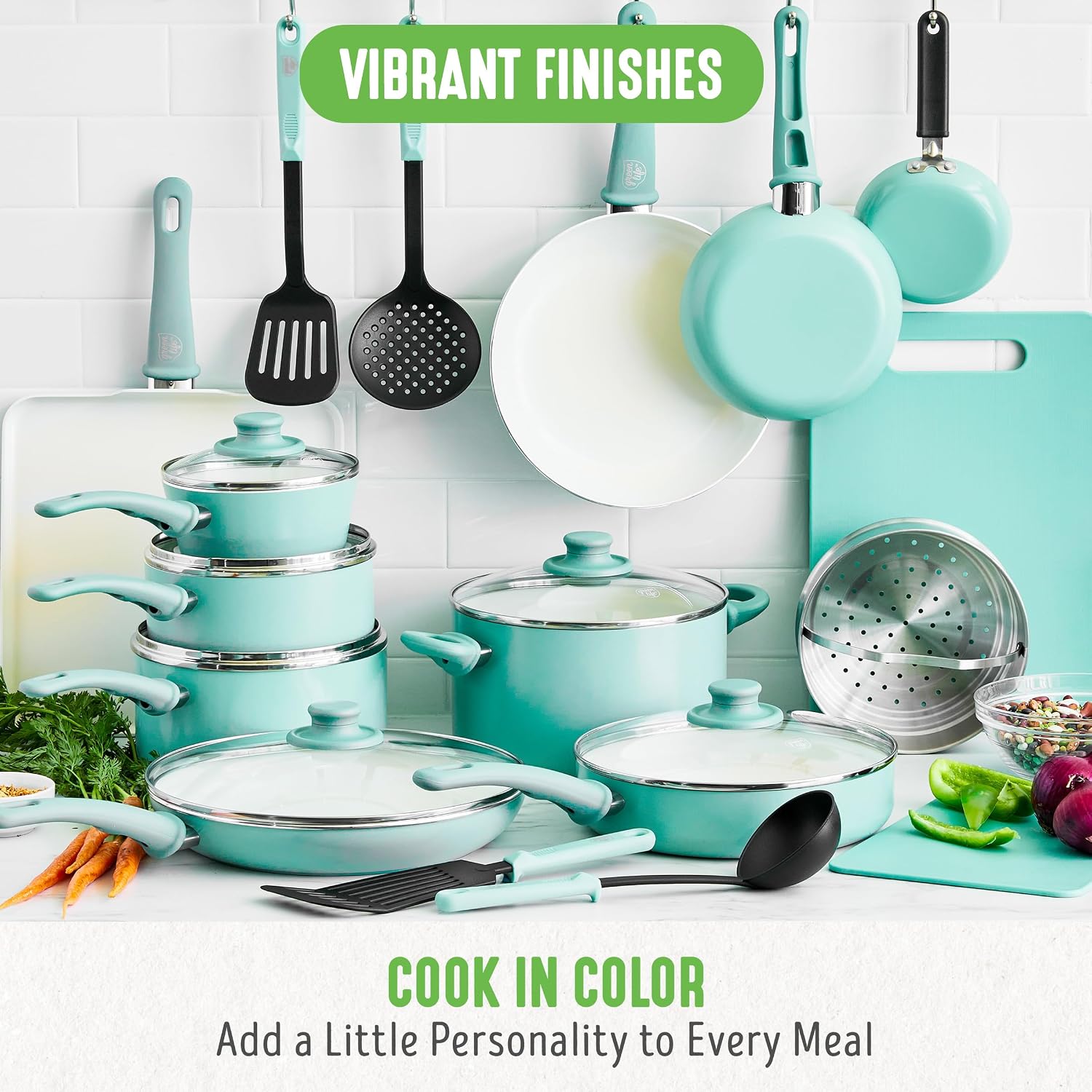 GreenLife Soft Grip Healthy Ceramic Nonstick, 15 Piece Cookware Pots and Pans Set, Induction, PFAS-Free, Dishwasher Safe, Turquoise