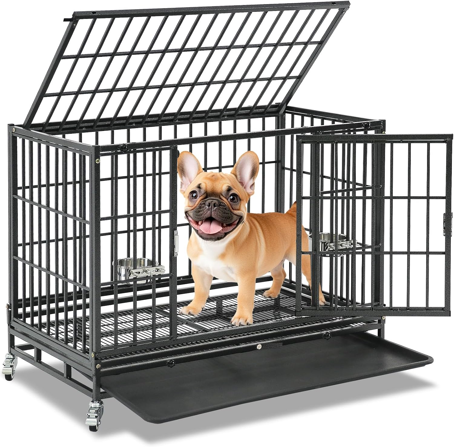 Homey Pet Three Tiers 43 inch Heavy Duty Dog Crate with Wheels, Dual Doors | Stackable Indestructible Steel Dog Cage Kennel Indoor with Divider, Trays, Bowls, Escape Proof Locks for Breeders and More