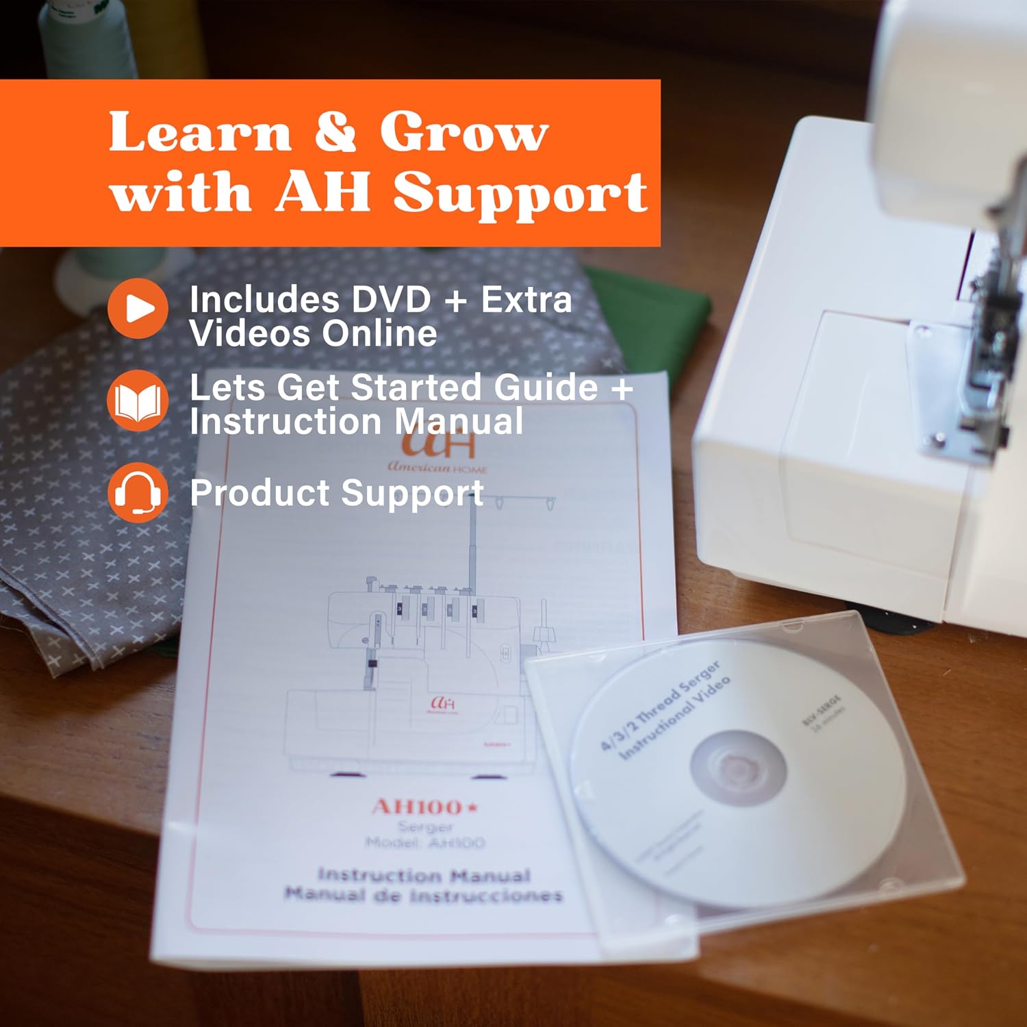 Serger Sewing Machine by American Home, Portable Stitching Machine Easy to Follow 4/3/2 Serger Thread with Differential Feed for Hemming and Sewing