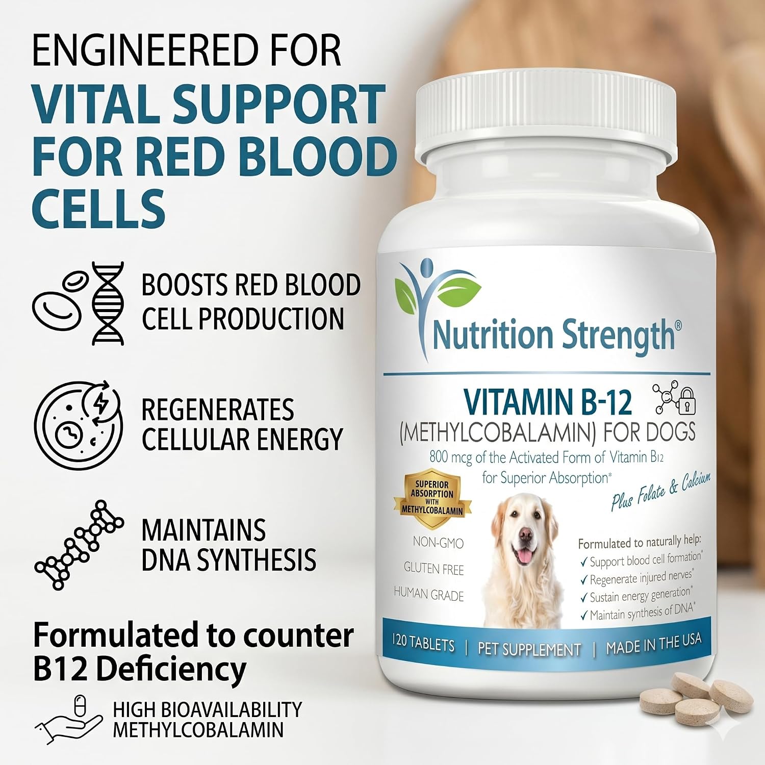 Vitamin B12 for Dogs Plus Folate & Calcium, Support the Nervous System & Blood Cell Formation
