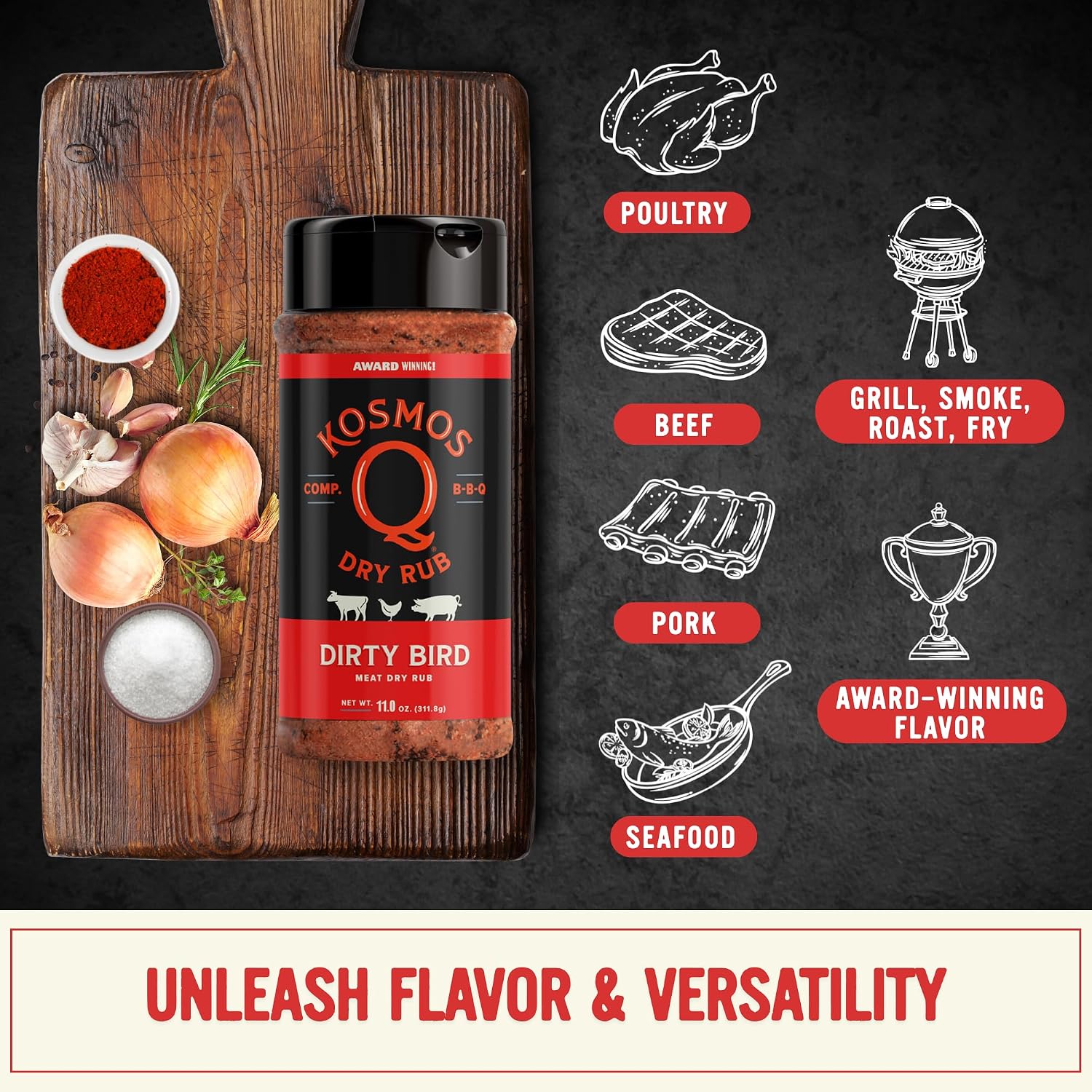 Kosmos Q Hot Dirty Bird BBQ Dry Rub, Spicy Seasoning with Chili Pepper, Brown Sugar, Garlic & Onion for Chicken, Turkey, Ribs, Pork, Dry Rub for Smoking & Grilling Meat, BBQ Spice Blend, 11 Oz Bag