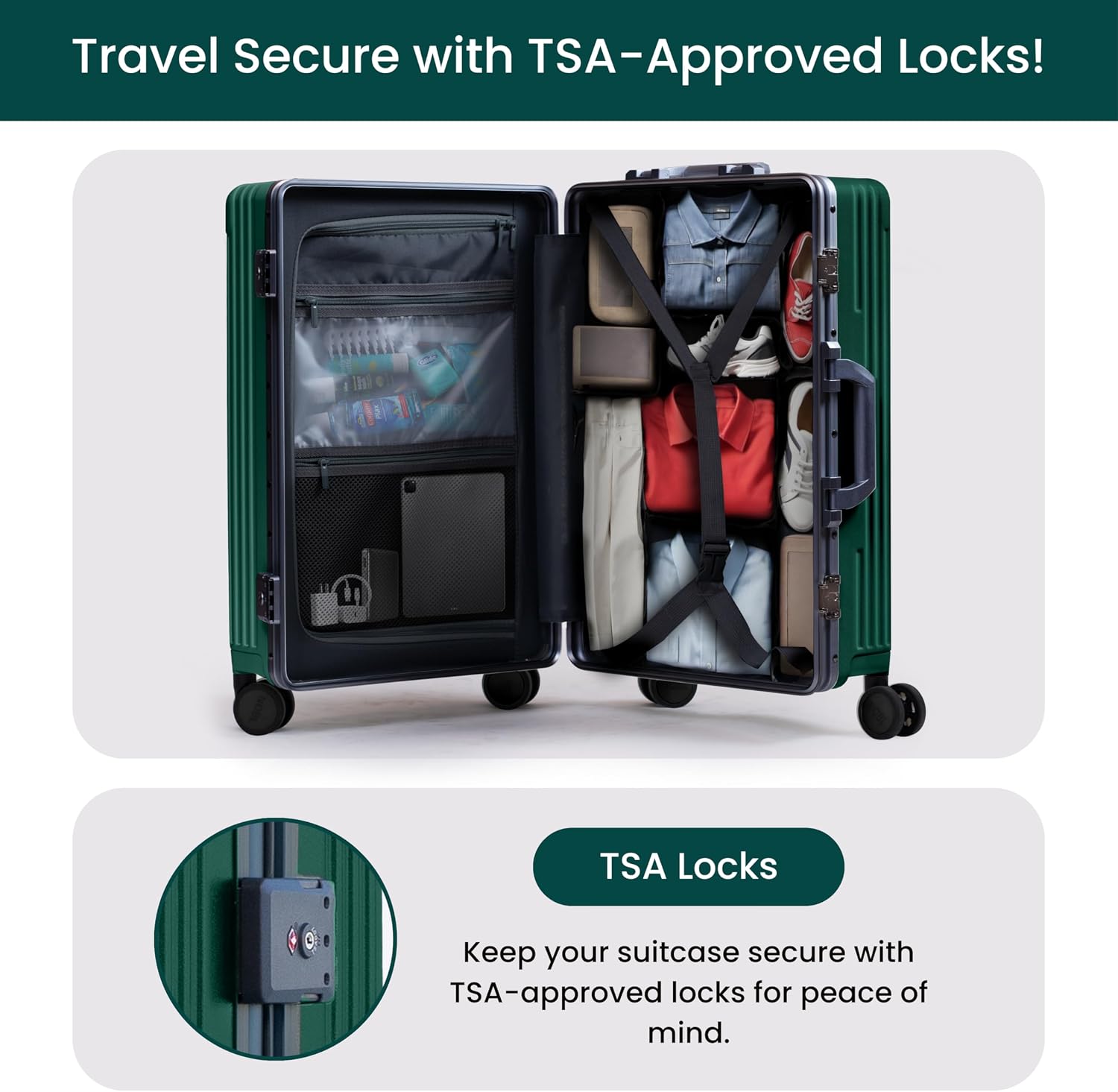 Nobl Travel Carry on Luggage, Zipperless Aluminum Frame, TSA Locks | PC Hard Shell Suitcase, Airline Approved, 360° Spinner Wheels, USB Charging Port, Cup & Phone Holder, 22.5x15x9.5, Ivory