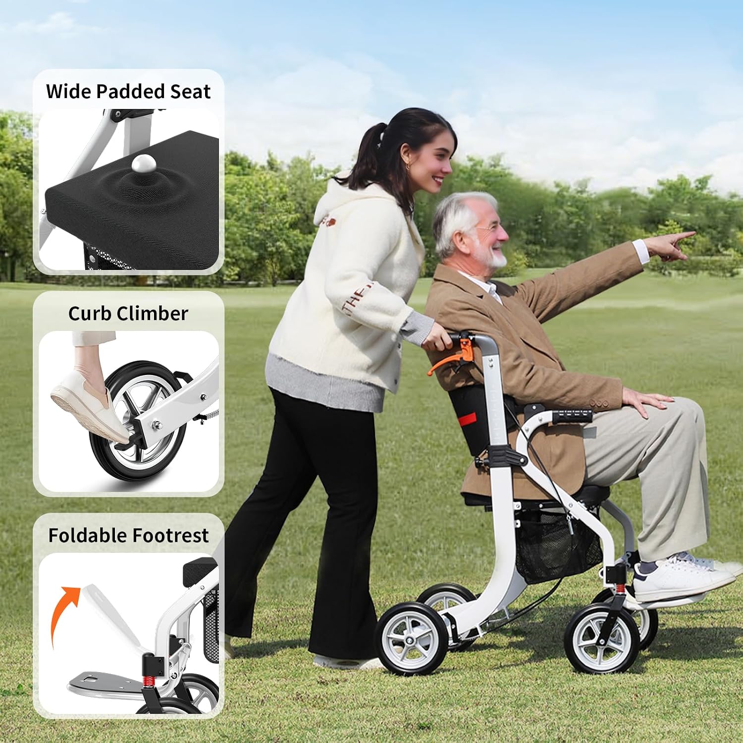 Nihhcune 4 in 1 Rollator Walker Transport Wheelchair Combo - No Assembly | 20lb Lightweight Mobility Rolling Walker with Seat for Seniors, Foldable Travel Chair, 8" All-Terrain Wheels, Supports 300lbs