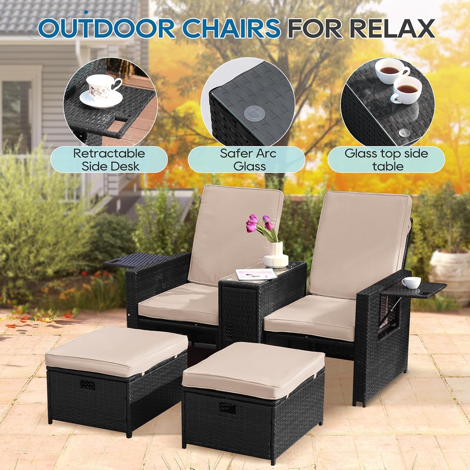 5PCS Outdoor Wicker Chaise Lounge Chair - Rattan Adjustable Reclining Patio Lounge Chair with Ottoman and Coffee Table
