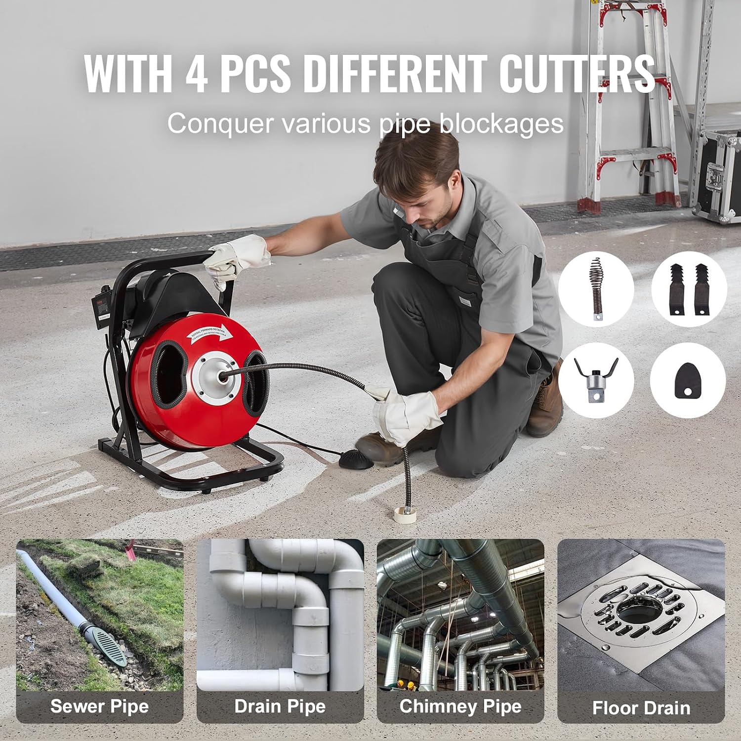 VEVOR Drain Cleaner Machine 50 FT x 1/2 Inch, Manual Feed Sewer Snake Auger with 4 Cutters & Air-Activated Foot Switch for 2" to 6" Pipes