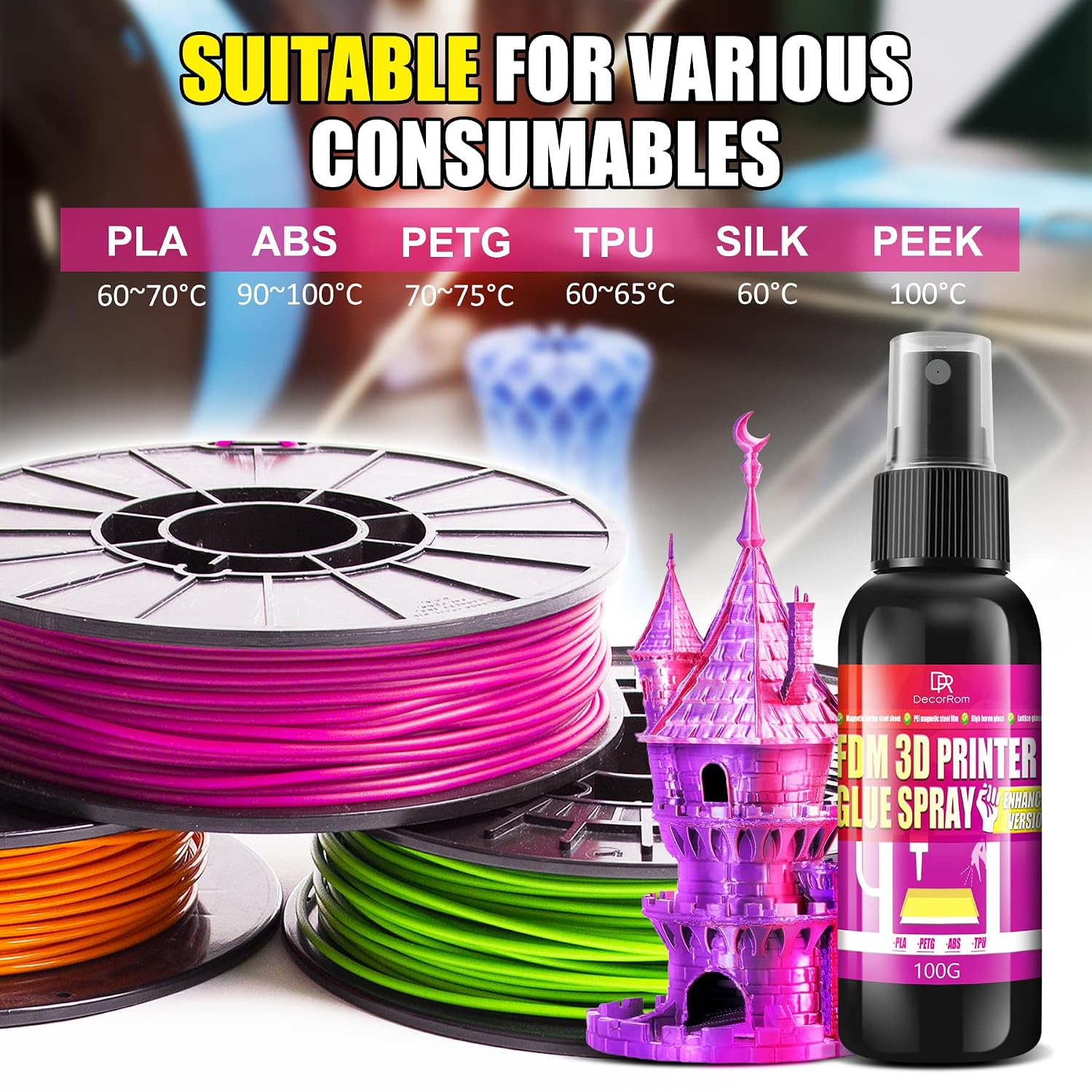 3D Printer Adhesive Glue, 7oz Strong Grip Reduces Warping for PLA, ABS, ASA, PETG Filament & No Residue 3D Printing Glue