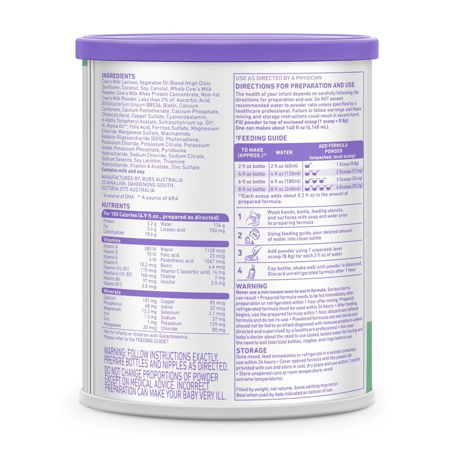 Bubs 365 Day Grass Fed Infant Formula for 0-12 Months, Non-GMO Milk, 20oz | Cow Milk-Based Powder with Iron, DHA, Prebiotics & Probiotics to Support Gentle, Digestive Health