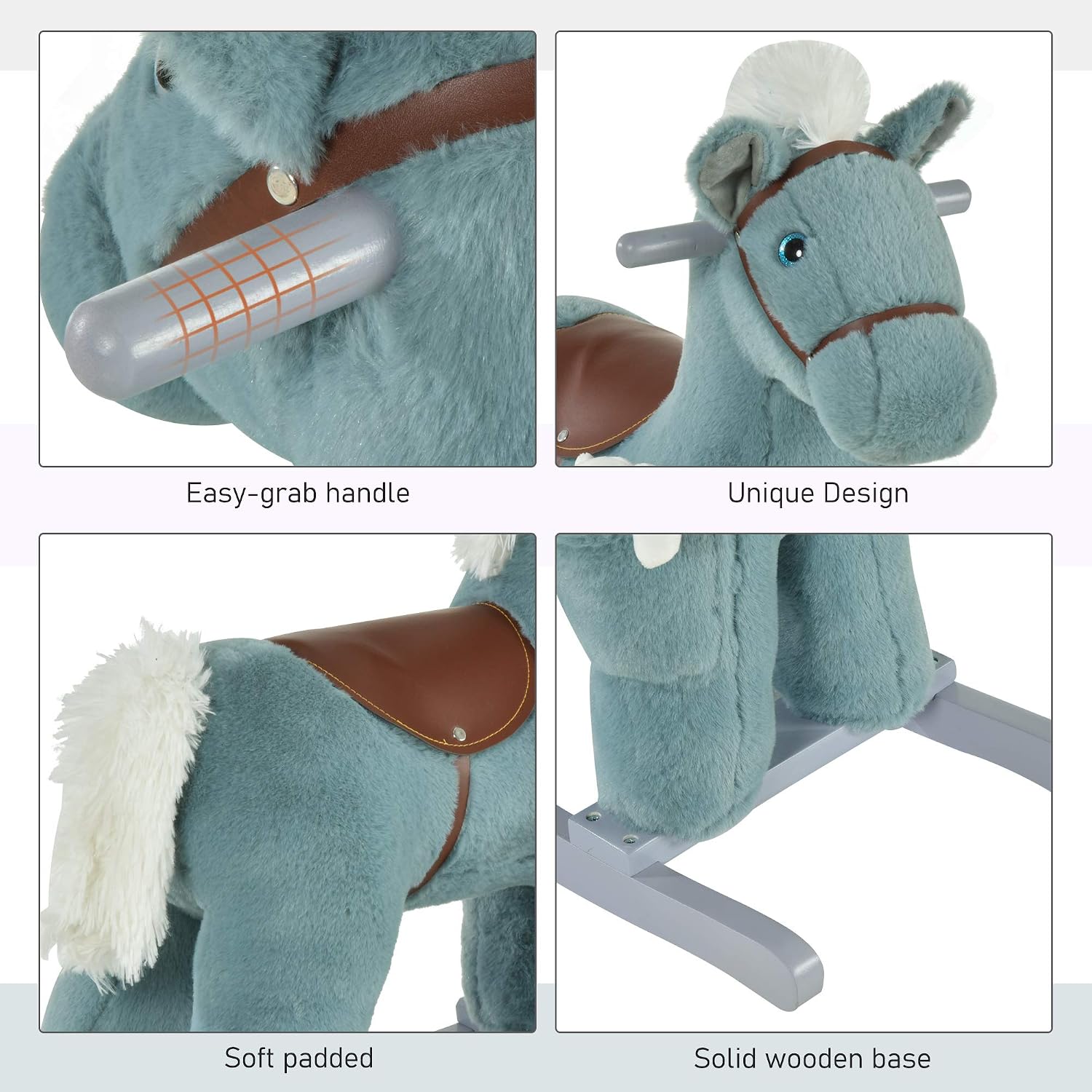 Qaba Kids Rocking Horse with Bear Toy Fun Realistic Sounds Toddler Blue