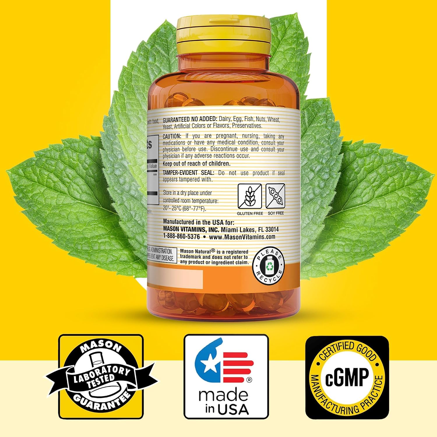 MASON NATURAL Peppermint Oil 50 mg Enteric Coated Softgels, 90 Day Supply | 50mg pure peppermint oil, enteric coated to dissolve in the intestines, to ease bloating & gas and support normal digestion