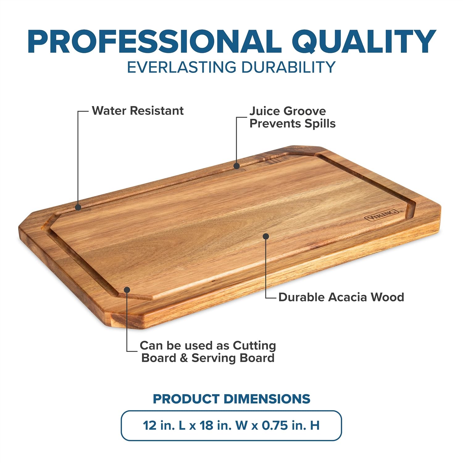 Viking Cutting Board, Acacia Wood Kitchen Butcher Block Carving Board with Juice Groove and Metal Handles, 23 x 14 x 1 Inch