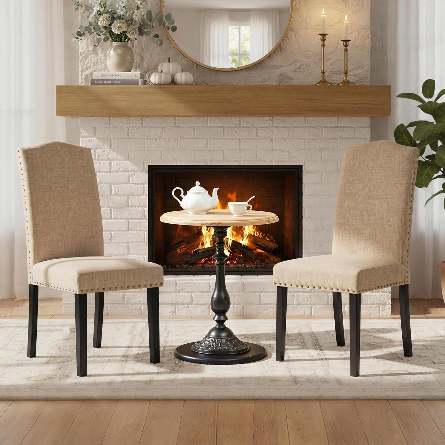 Yaheetech Dining Chairs Set of 2 High Back Parson Chairs Khaki