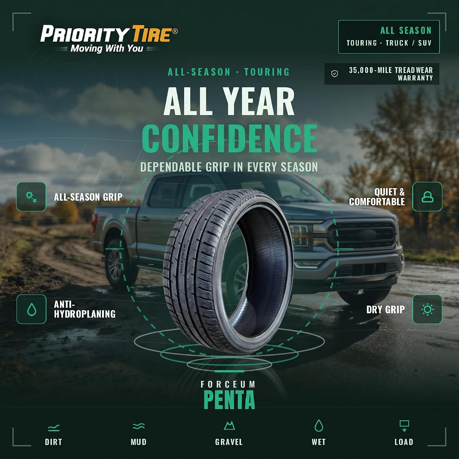 Forceum Penta All Season 235/60R18 107V XL Passenger Tire | Truck/SUV Performance All Season Traction 107V Rated Extra Load Radial Construction Black Sidewall Tire