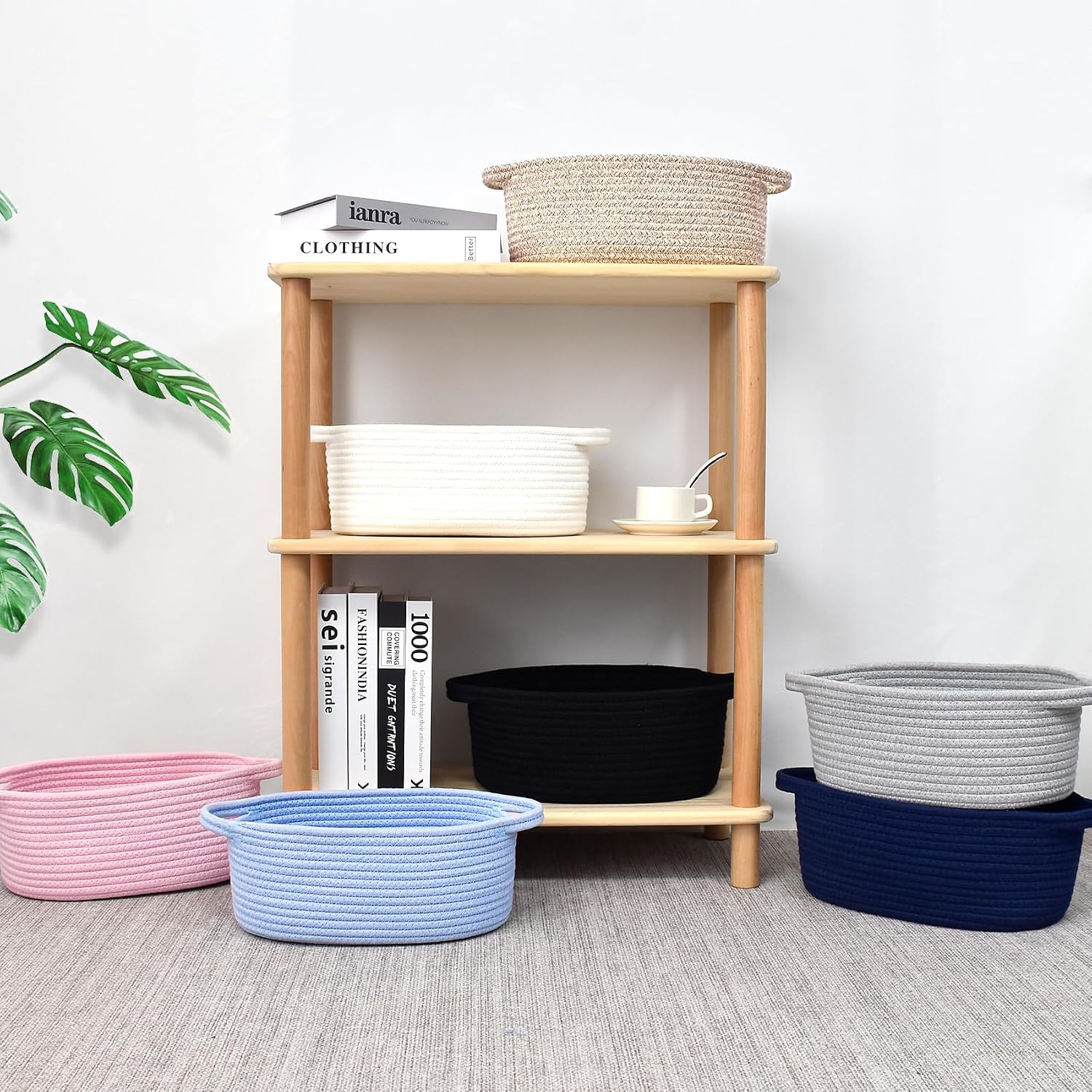 ABenkle Small Basket with Handles, Boho Decorative Rope Woven Dog Cat Toy Storage Bin Shelf Storage Organizer, Easter Christmas Gift Basket, 12"x8"x5"