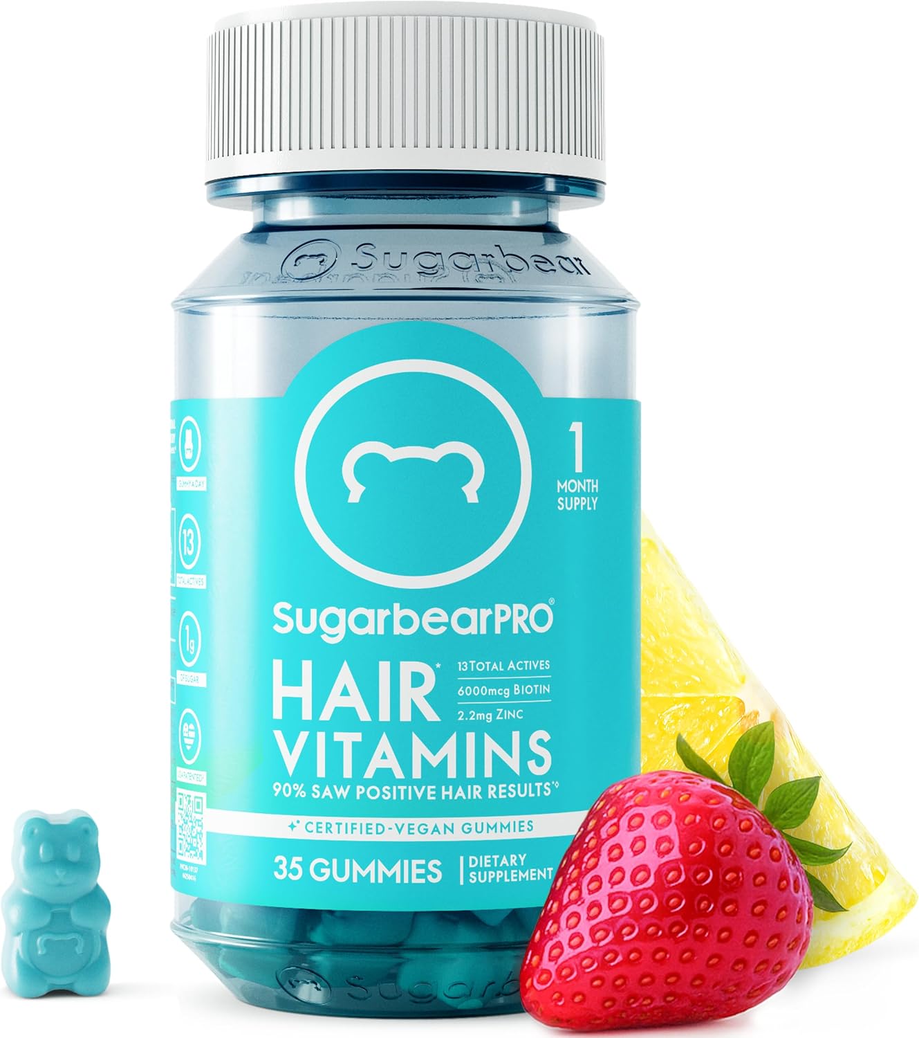 SugarbearPRO Hair Vitamin Gummy 2 Month Supply Extra Strength Biotin 6000mcg, Growth for Men & Women, Vegan Vitamin B12, MSM, Inositol, Omega 3, Elderberry, Certified Kosher, Halal, Cruelty-Free