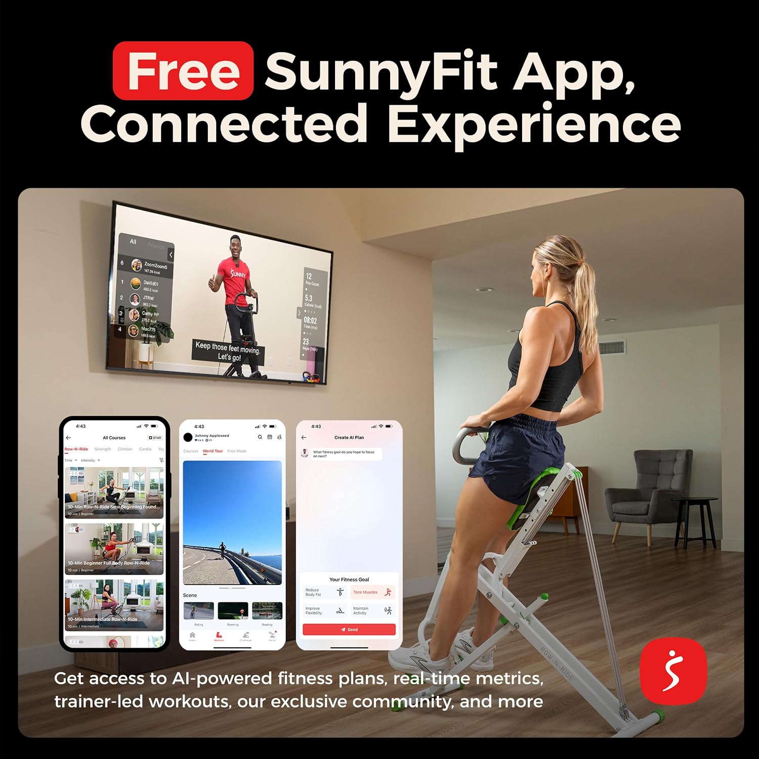 Sunny Health & Fitness Smart Row-N-Ride Glute & Leg Trainer, Foldable Squat Assist Rower with Exclusive SunnyFit App Connection