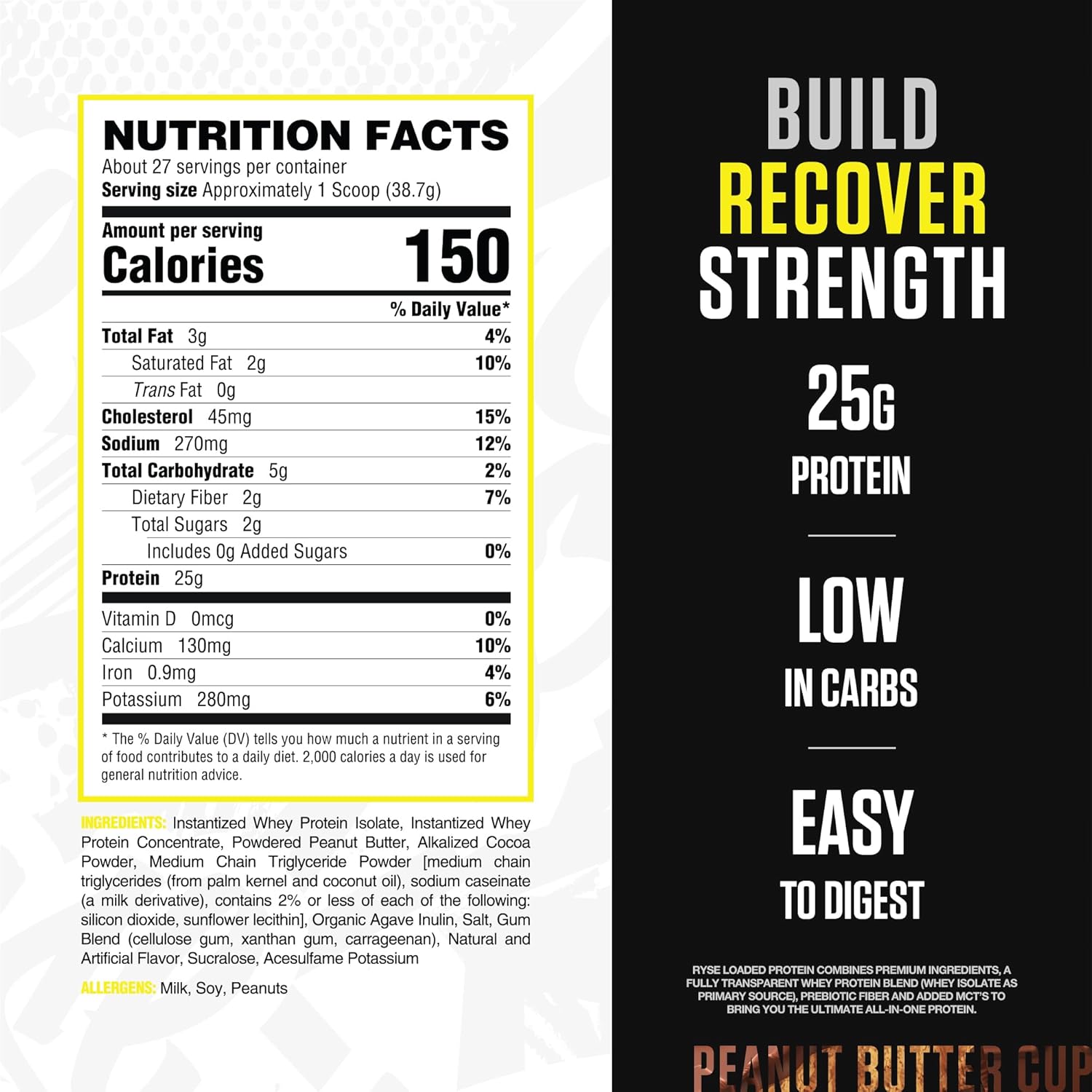 RYSE Loaded Protein Powder - Peanut Butter Cup - 25g Whey Protein Isolate & Concentrate with Prebiotic Fiber & MCTs - Low Carb, Low Sugar