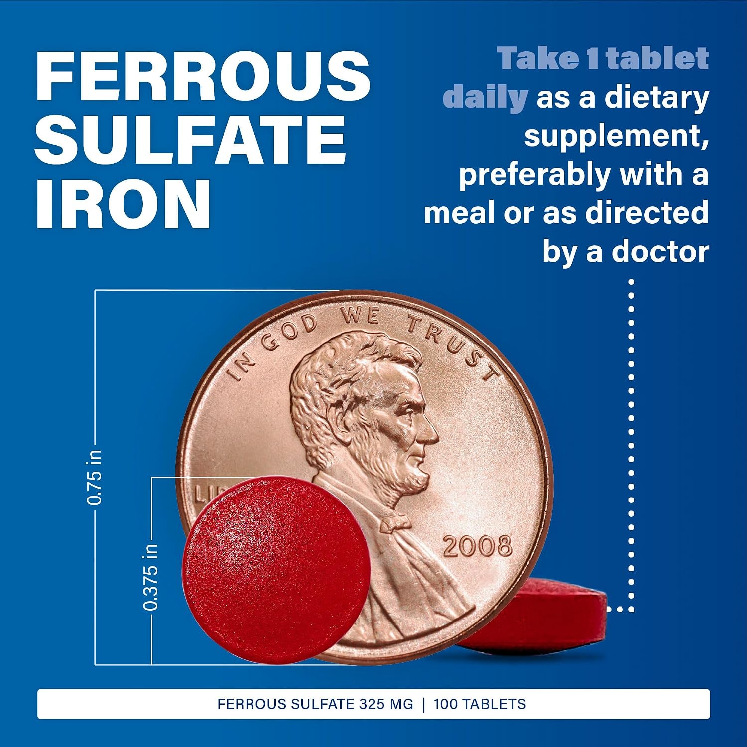 Major Ferosul - Ferrous Sulfate 325mg Tablets with 65mg of Elemental Iron - Iron Supplement for Women, Men - Red - 100 Count (1 Pack)